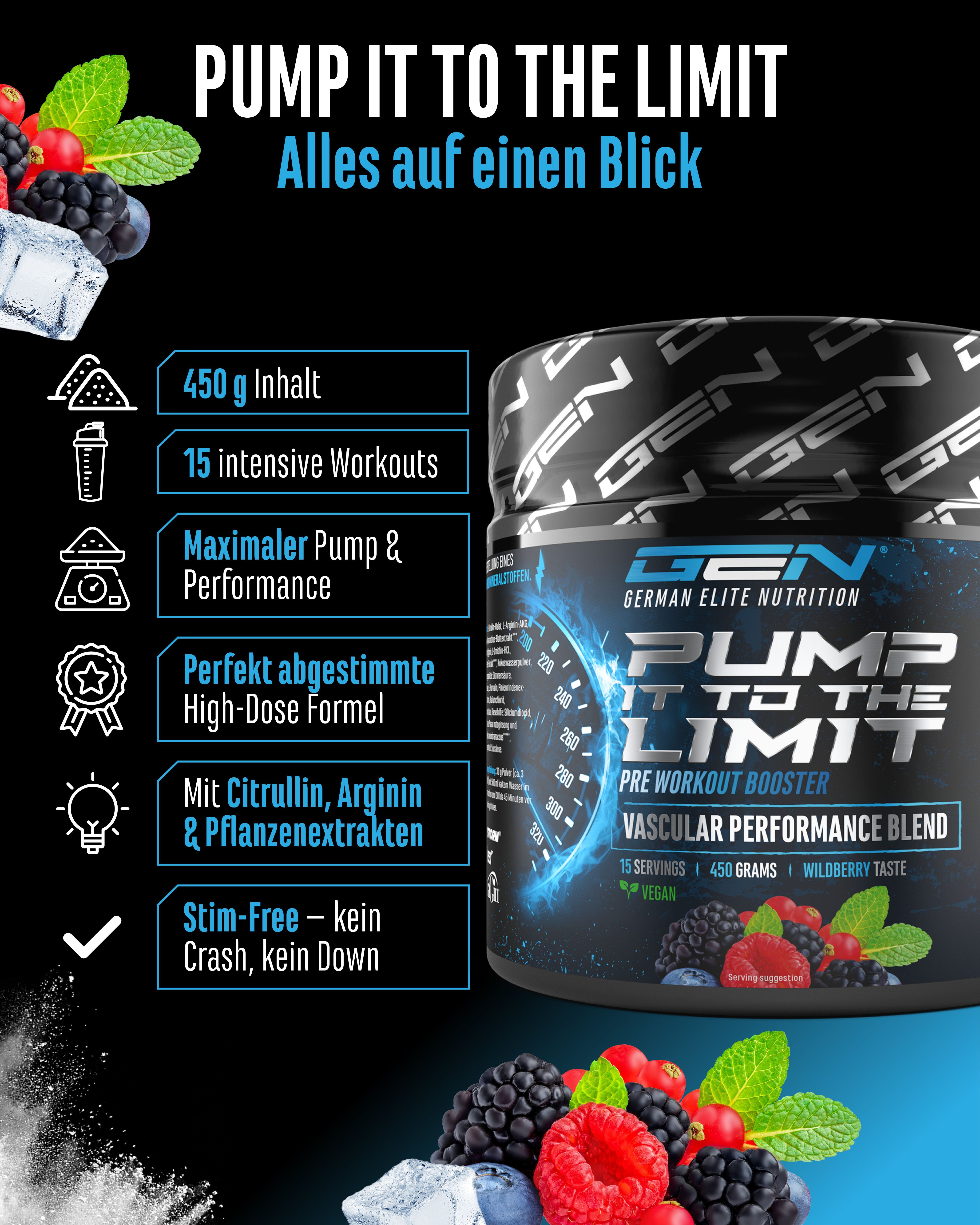 Dose GEN Pump it to the Limit 2.0. 450g Inhalt, 15 Workouts, maximaler Pump & Performance, High-Dose Formel, Stim-Free.