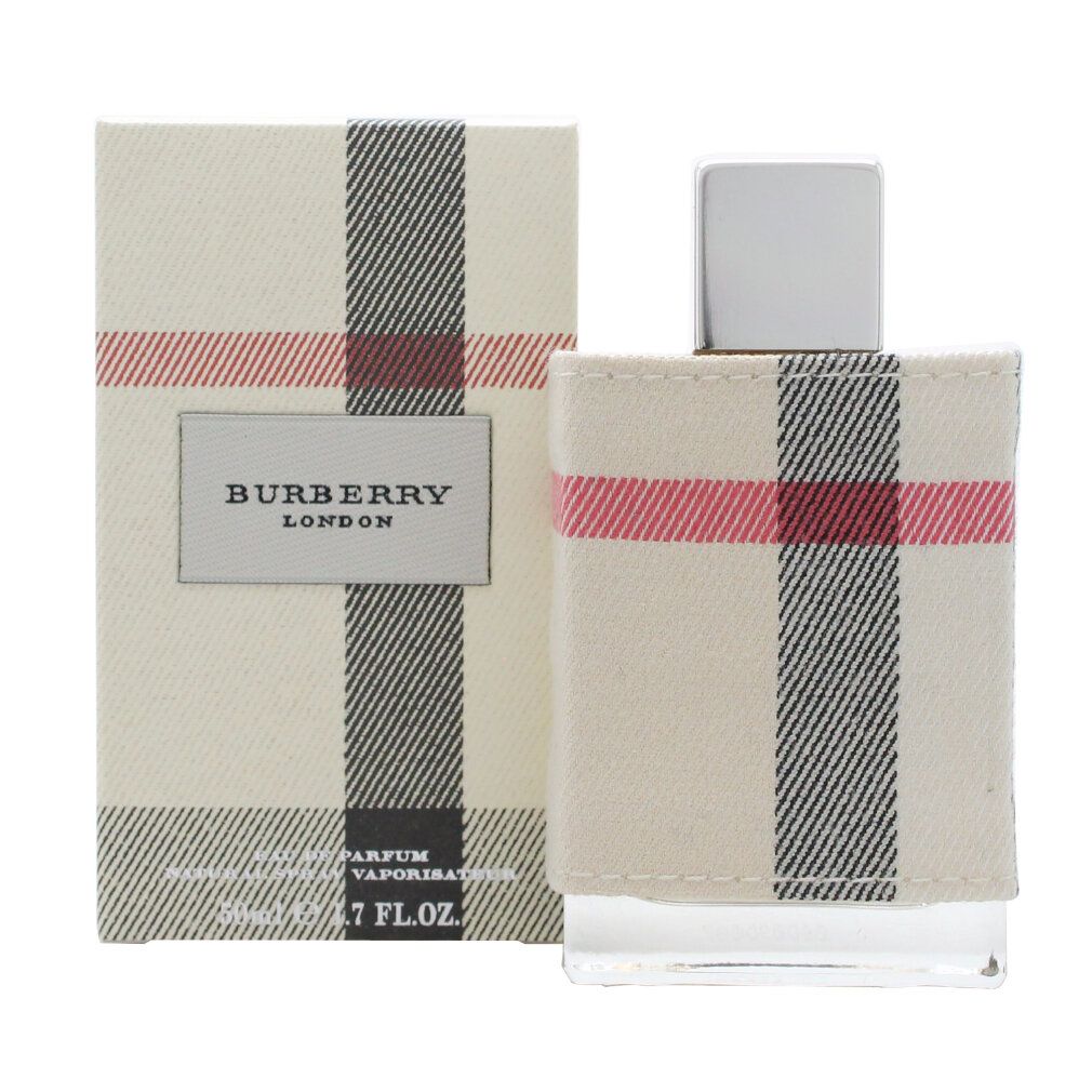 Flakon und Verpackung von Burberry London Femme. Beige Karomuster. Silberner Deckel. Aufschrift: Burberry London.