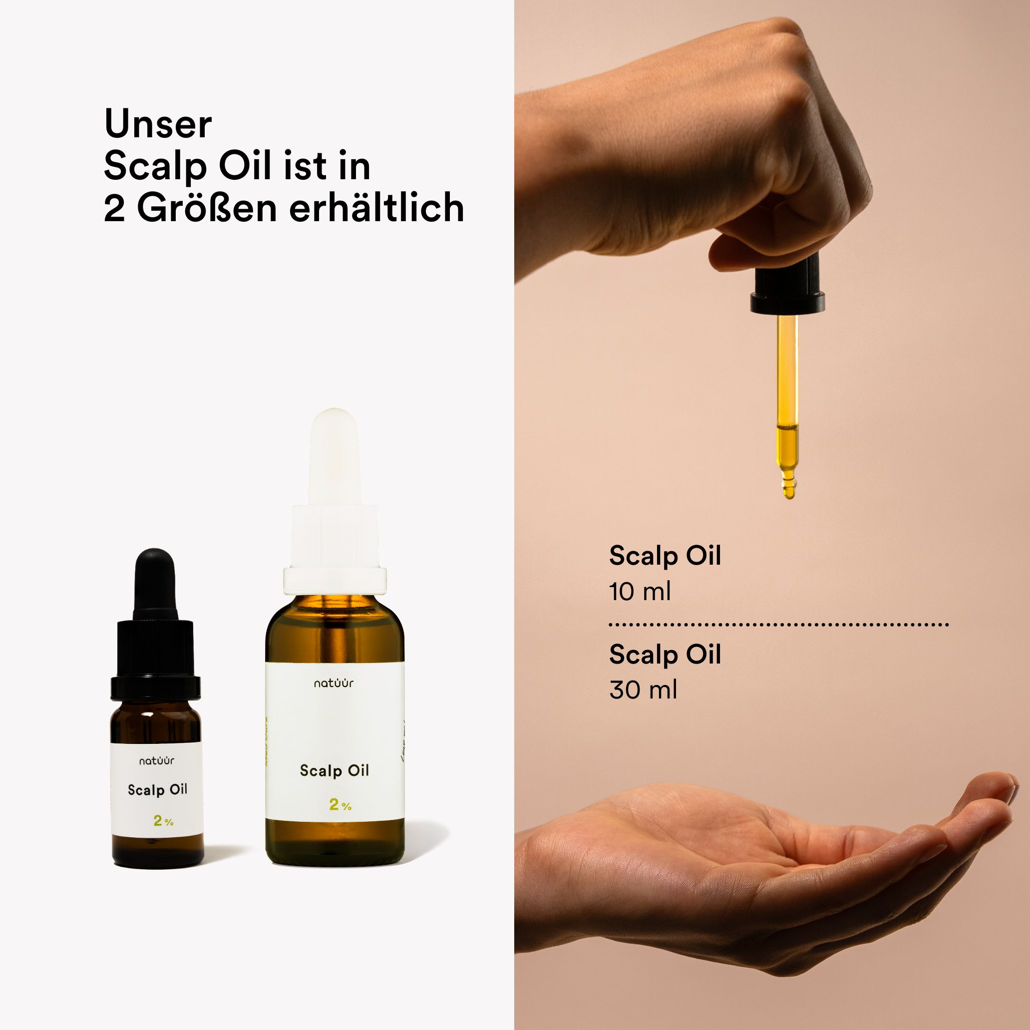 Zwei Flaschen Scalp Oil, 10 ml und 30 ml. Pipette mit Öl in Hand.