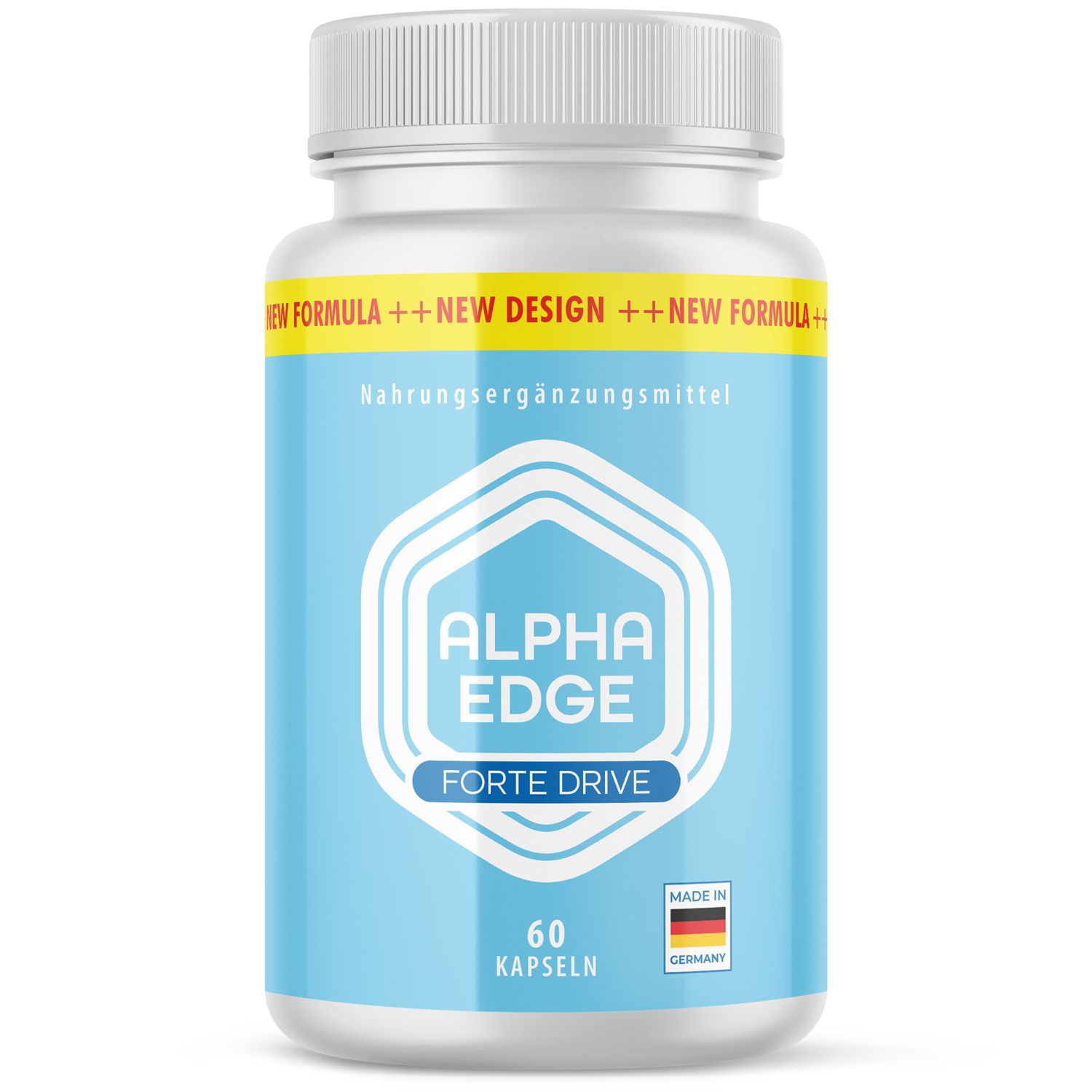 Blaue Kapsel-Dose mit weißem Deckel. Aufschrift: ALPHA EDGE FORTE DRIVE, 60 Kapseln. Gelber Streifen mit Text. Hergestellt in Deutschland.