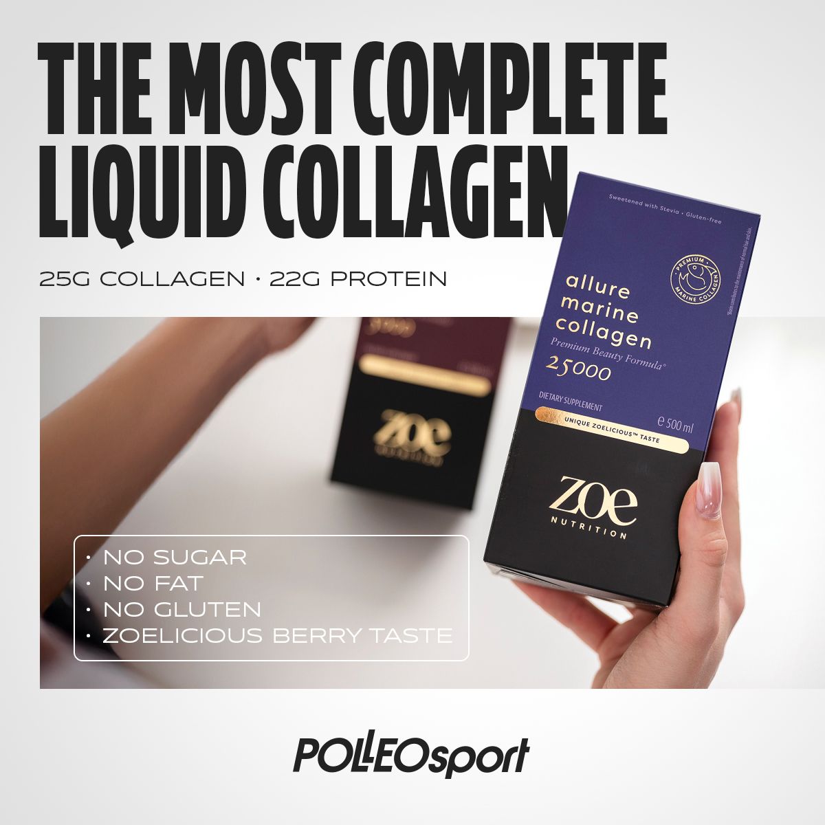 Hände halten Schachteln Allure Marine Collagen 25000. Text: The Most Complete Liquid Collagen. Zoe Nutrition. Ohne Zucker, Fett, Gluten.