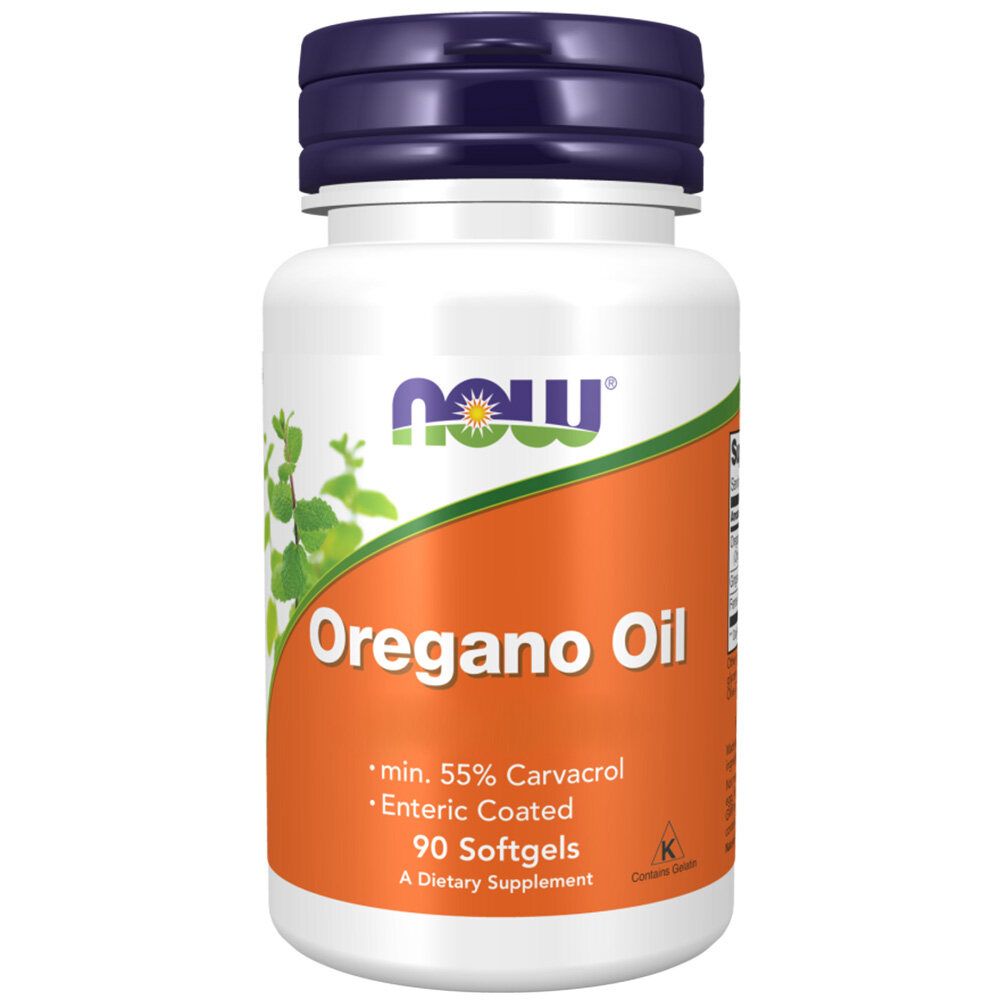 Weiße Flasche mit blauem Deckel. Aufschrift: Oregano Oil. Enthält 90 Softgels. Marke: NOW.