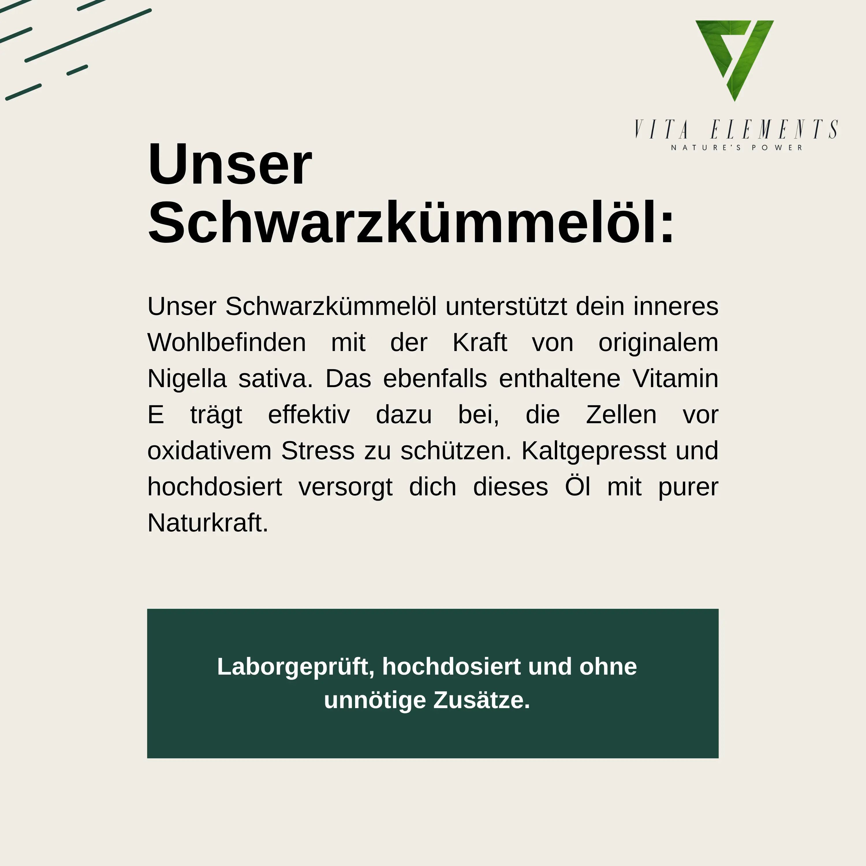 Flasche Schwarzkümmelöl Kapseln von Vita Elements mit Informationen zu Inhaltsstoffen und Herstellung.