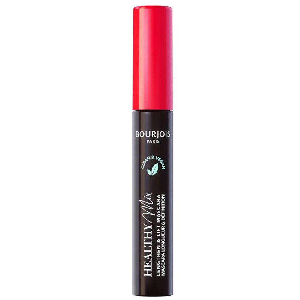 Schwarze Mascara-Tube mit rotem Deckel. Aufschrift: Bourjois Paris, Healthy Mix, Clean & Vegan. Mascara-Text.