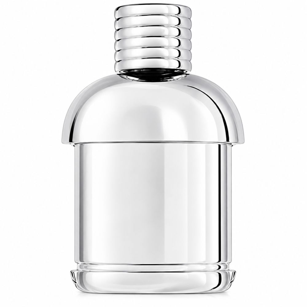 Silberne Parfümflasche mit geripptem Verschluss und glänzendem Korpus.