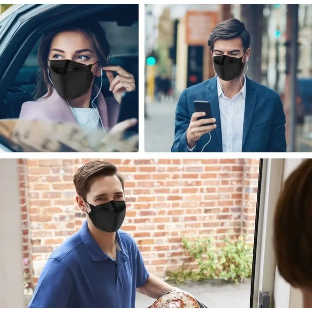 Drei Personen tragen schwarze Gesichtsmasken. In einer Autokabine, auf der Straße und an einer Tür.