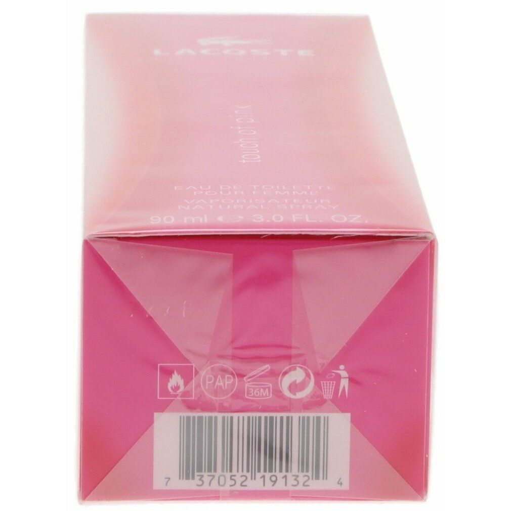 Unterseite der rosa Lacoste Touch of Pink Eau de Toilette Verpackung mit Barcode.