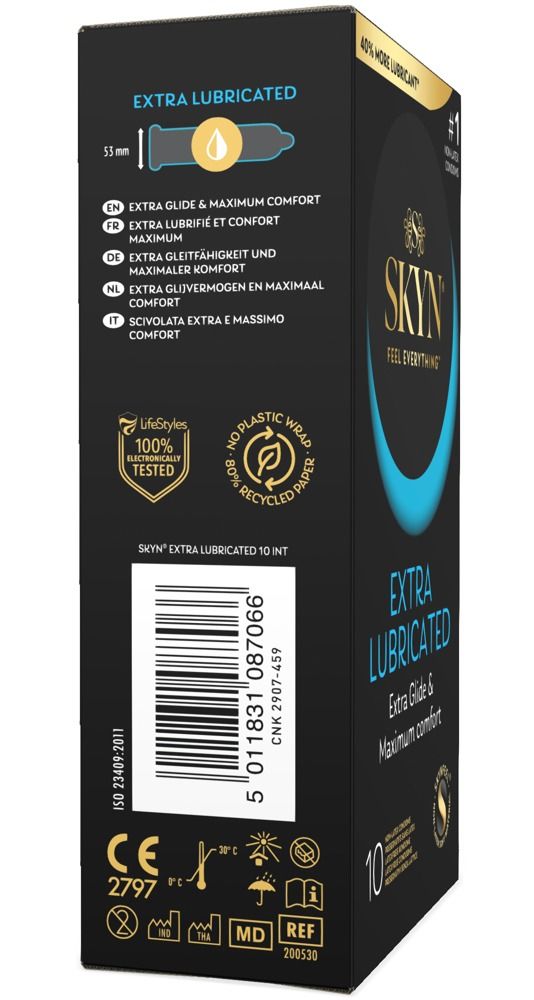 Verpackung mit Kondomen. Aufschrift: SKYN, Extra Lubricated, 10 Stück. Enthält das Label 'World's #1 Non-Latex Condom'.