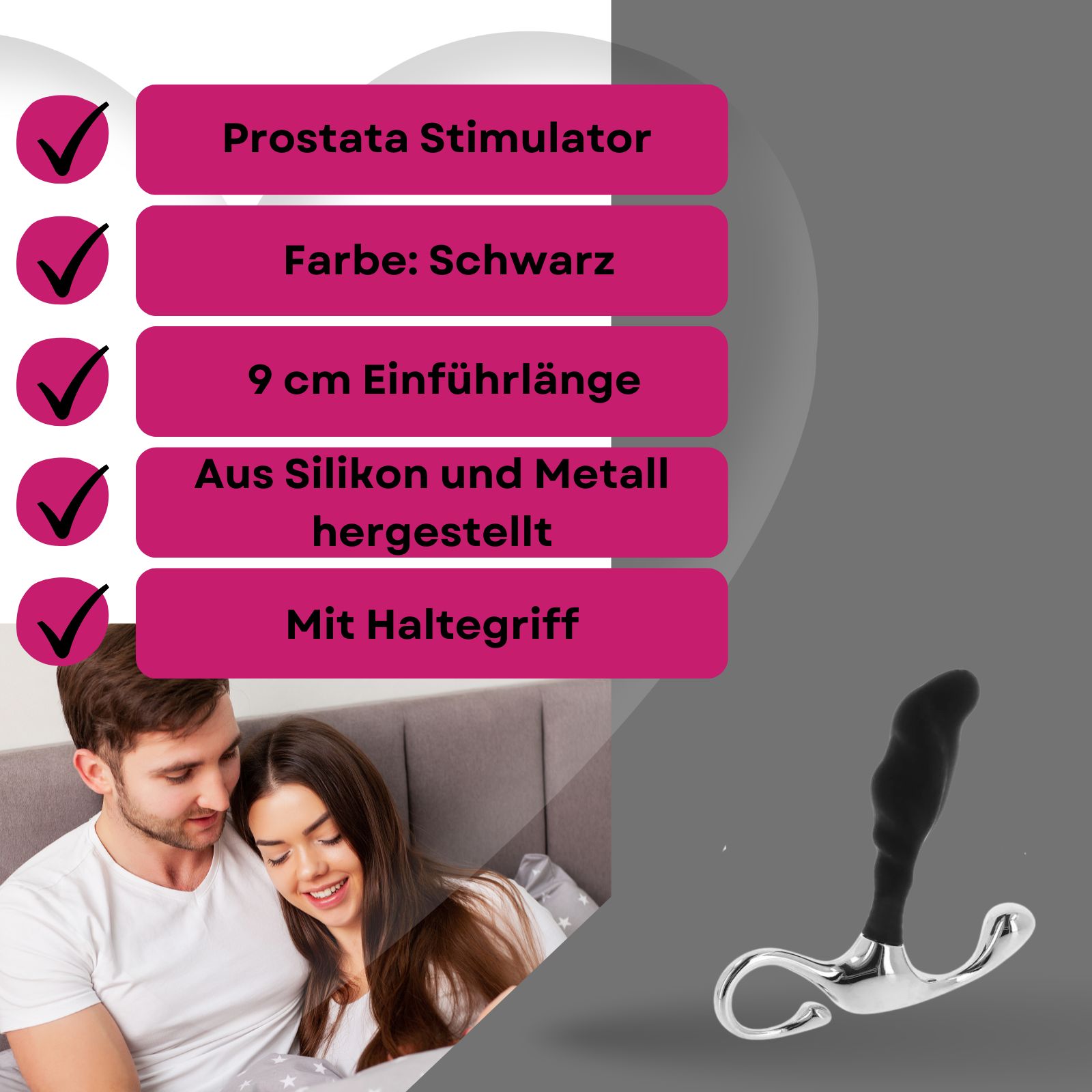Schwarzer Prostata-Stimulator aus Silikon und Metall mit 9 cm Einführlänge und Haltegriff.