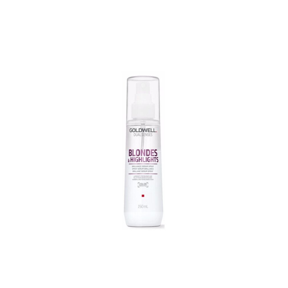 Goldwell Dualsenses Blondes & Highlights Serum Spray. Weiße Flasche mit Sprühkopf. Produktname und Logo deutlich sichtbar.