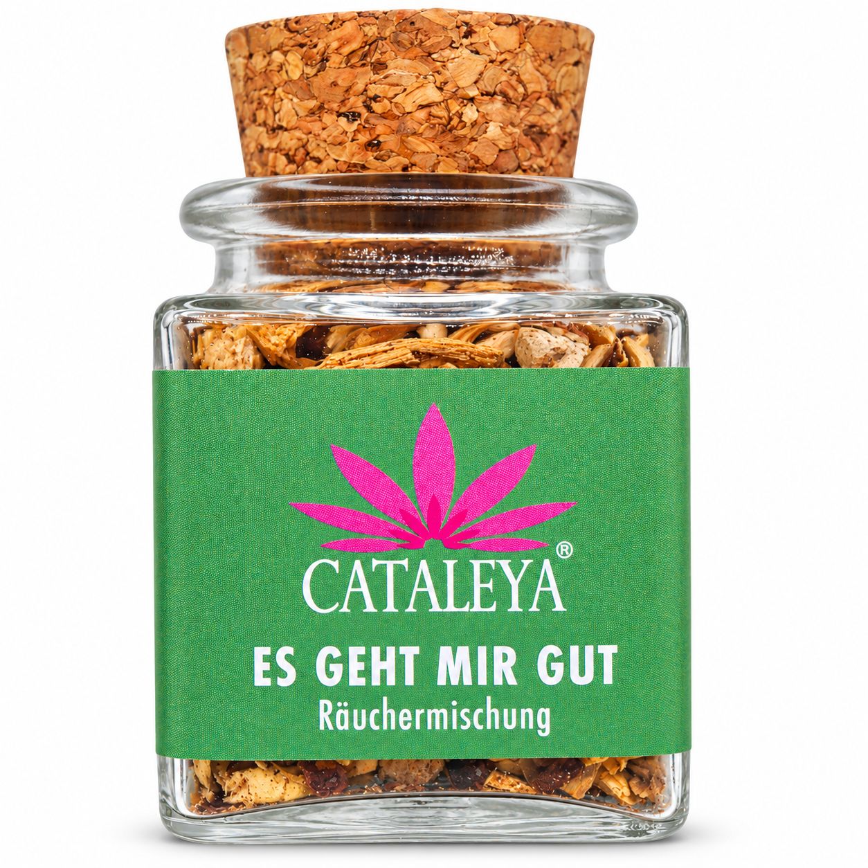 CATALEYA Räuchermischung im Glas mit Korkverschluss, grüne Banderole mit pinker Blüte und Text.