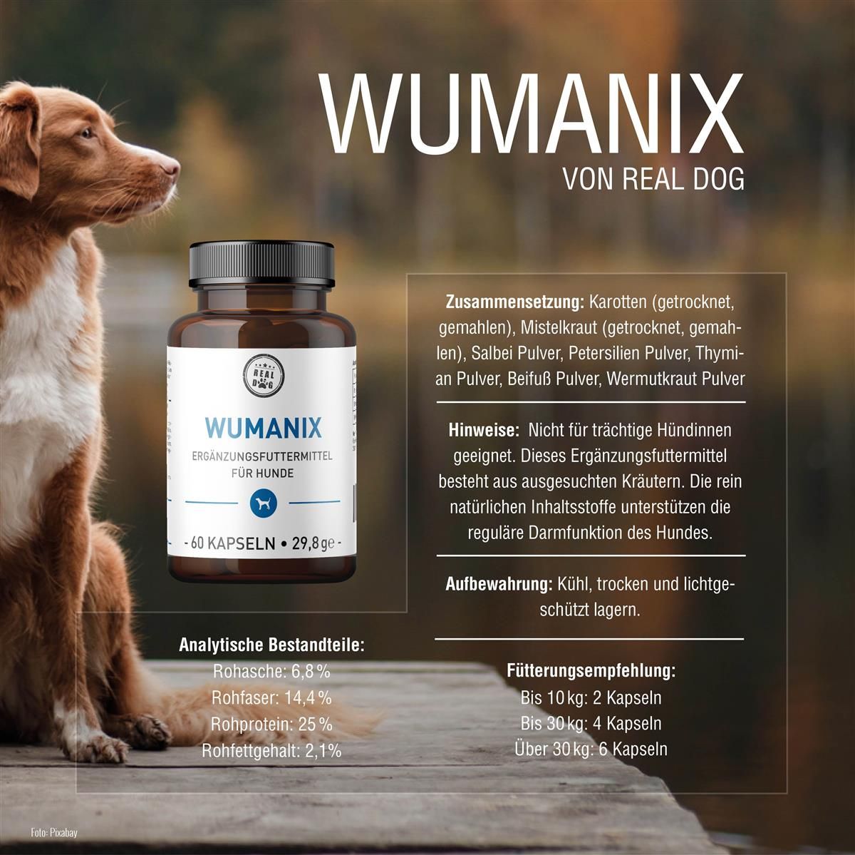 Braune Kapseln in einer braunen Glasflasche. Text: WUMANIX, Ergänzungsfuttermittel für Hunde. Logo Real Dog.