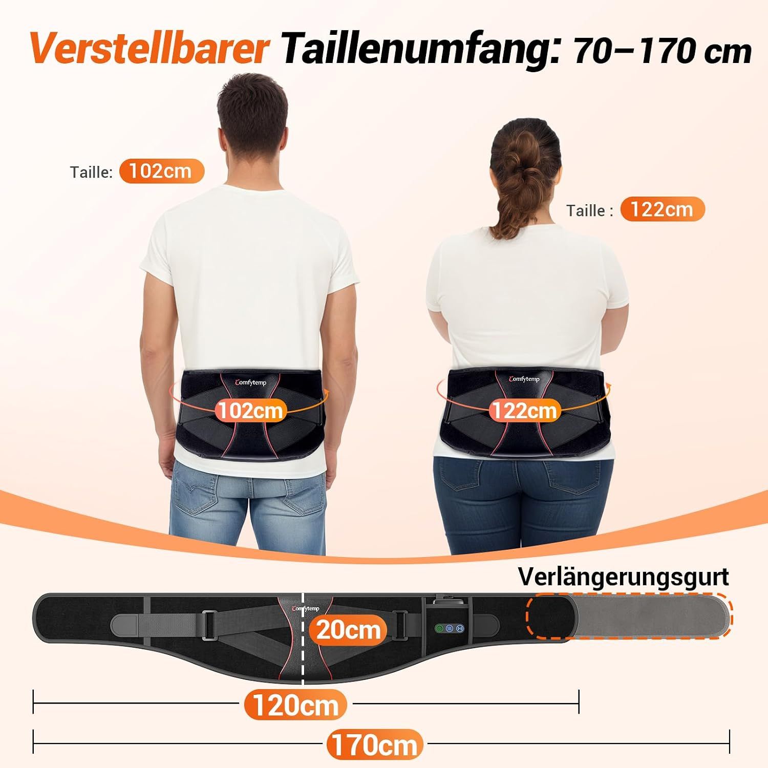 Schwarzer Rückenstützgürtel mit Heizelementen und einem externen Steuergerät, getragen von einer Person.