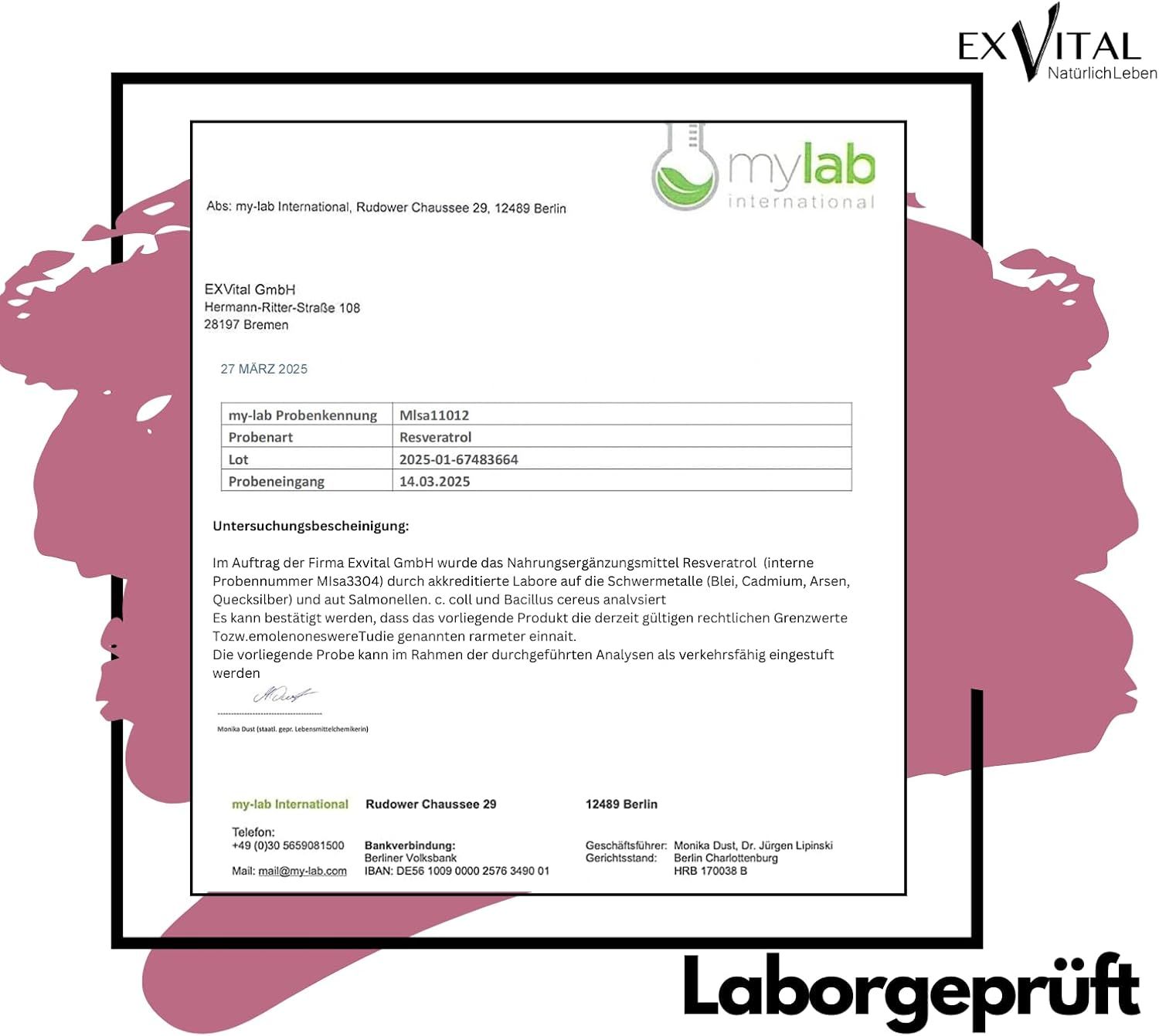 Laborgeprüftes Zertifikat von mylab international für EXVital Resveratrol. Analyseergebnisse.