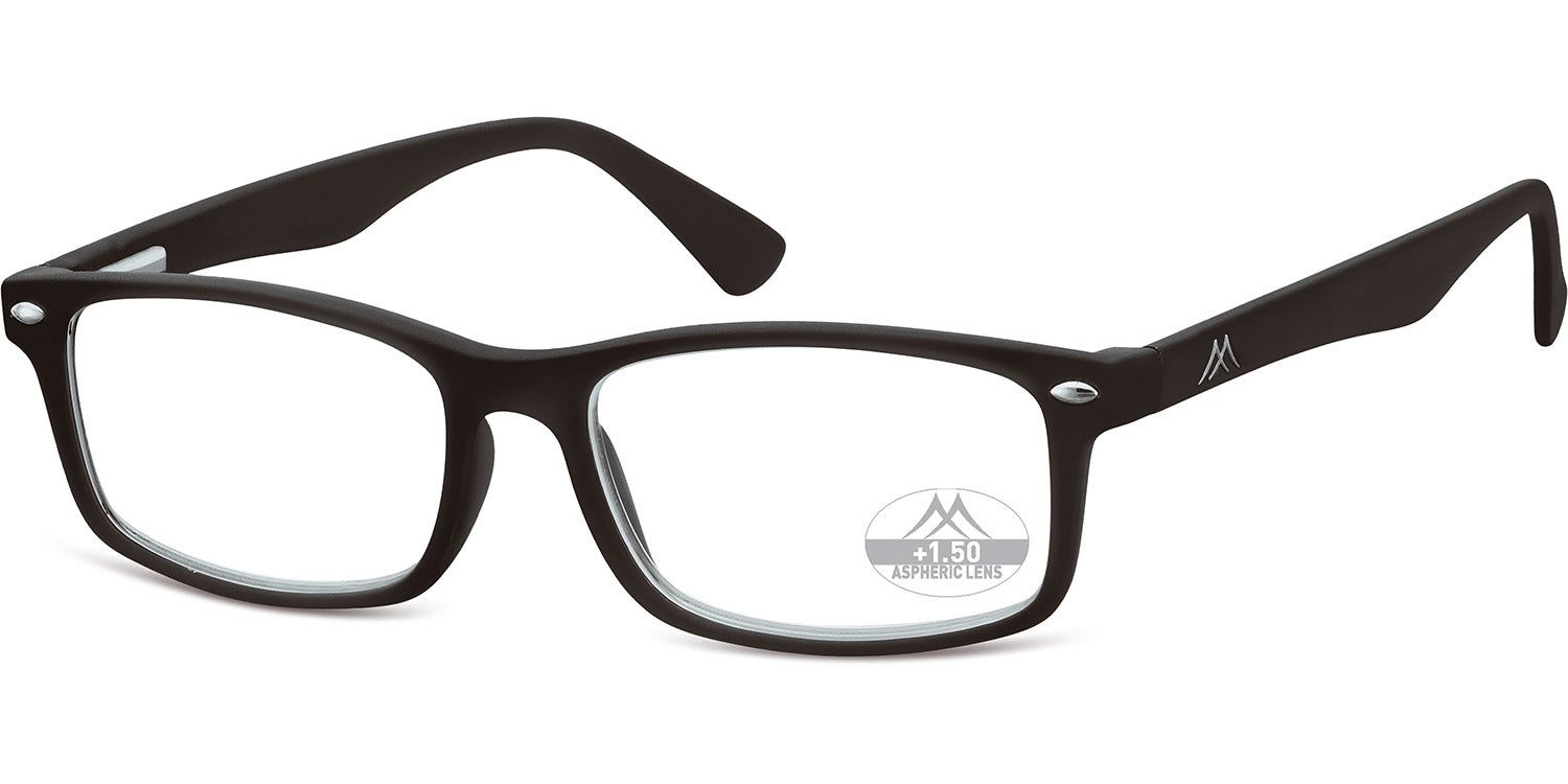 Schwarze Lesebrille mit rechteckigen Gläsern. Auf einem Glas steht "+1.50". Am Bügel ist ein Logo.