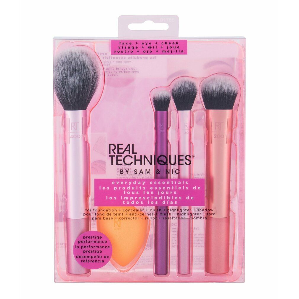 Make-up-Pinsel-Set mit fünf Teilen in einer Verpackung. Enthält Pinsel für Foundation, Concealer, Rouge, Highlighter und Lidschatten.