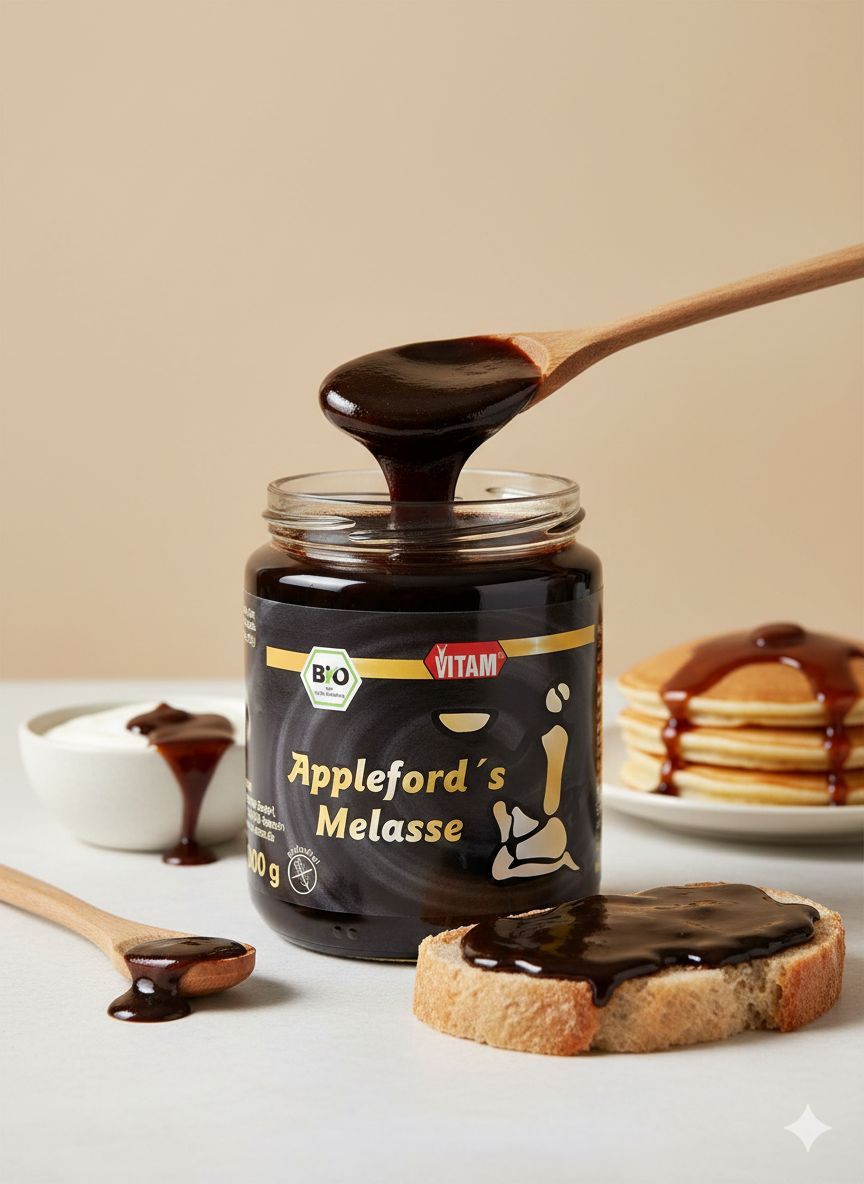Glas Vitam Appleford's Melasse mit Holzspatel und Toast, daneben ein Stapel Pfannkuchen.