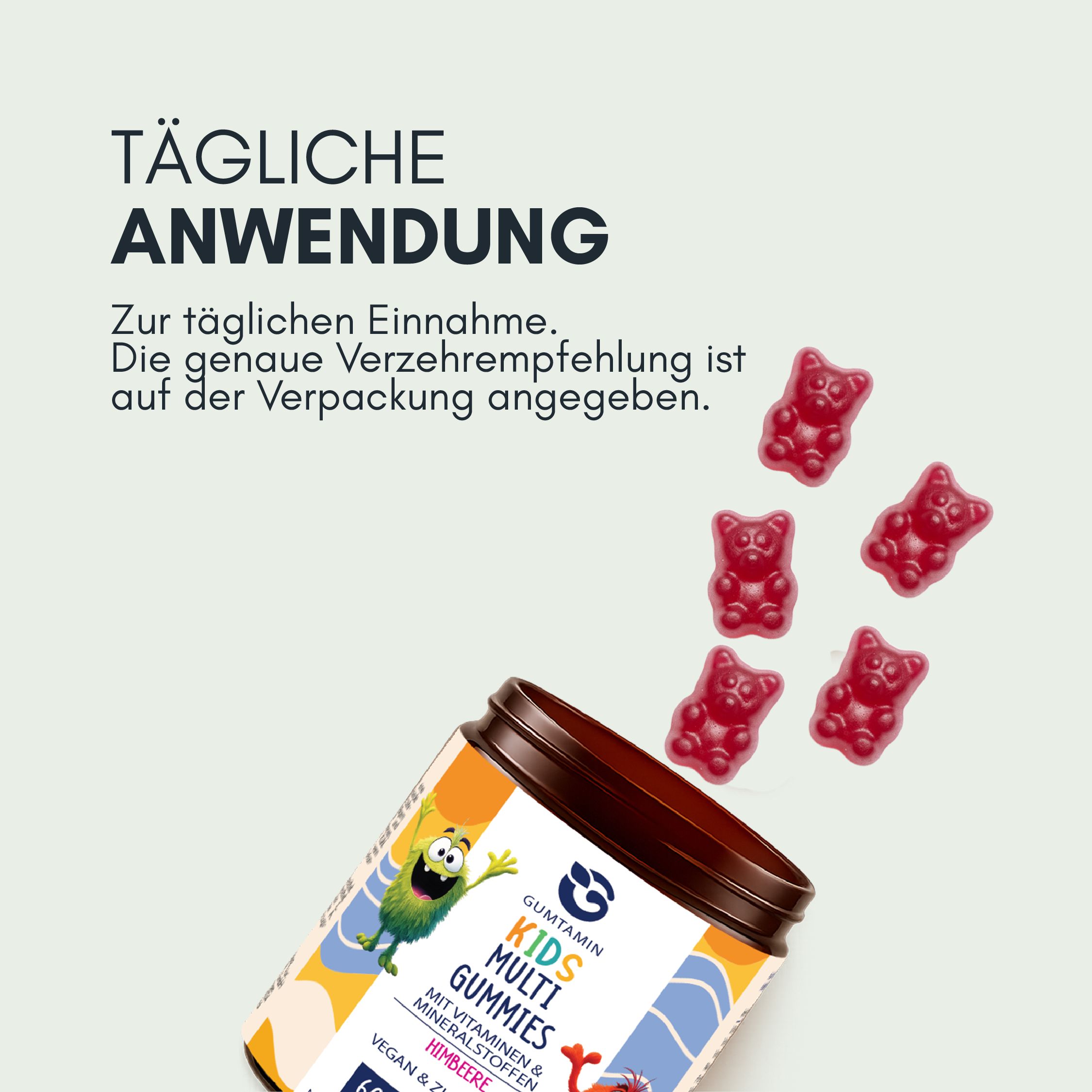Gummibärchen in Bärenform. Dose mit Gummibärchen. Aufschrift "Gumtamin Kids Multi Gummies".
