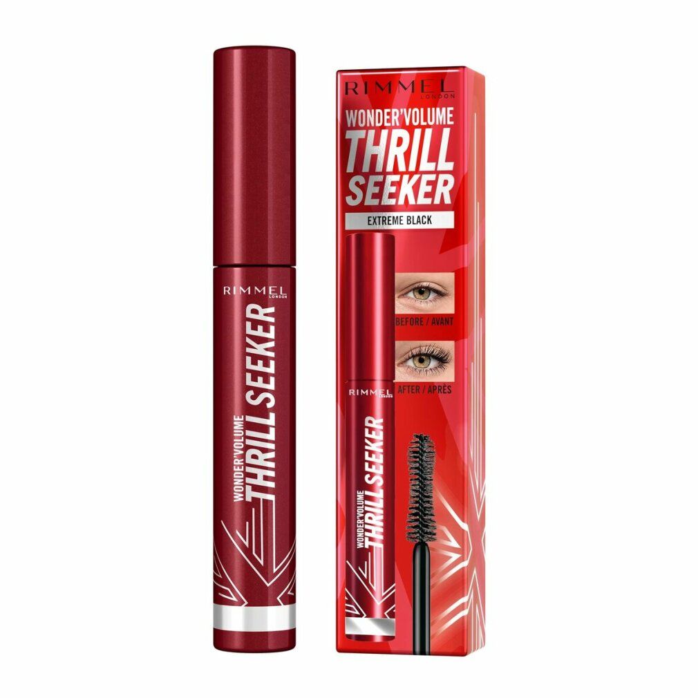 Rimmel London Mascara. Rote Hülse und Verpackung. Aufschrift: Wonder Volume Thrill Seeker Extreme Black. Mit Bürste.