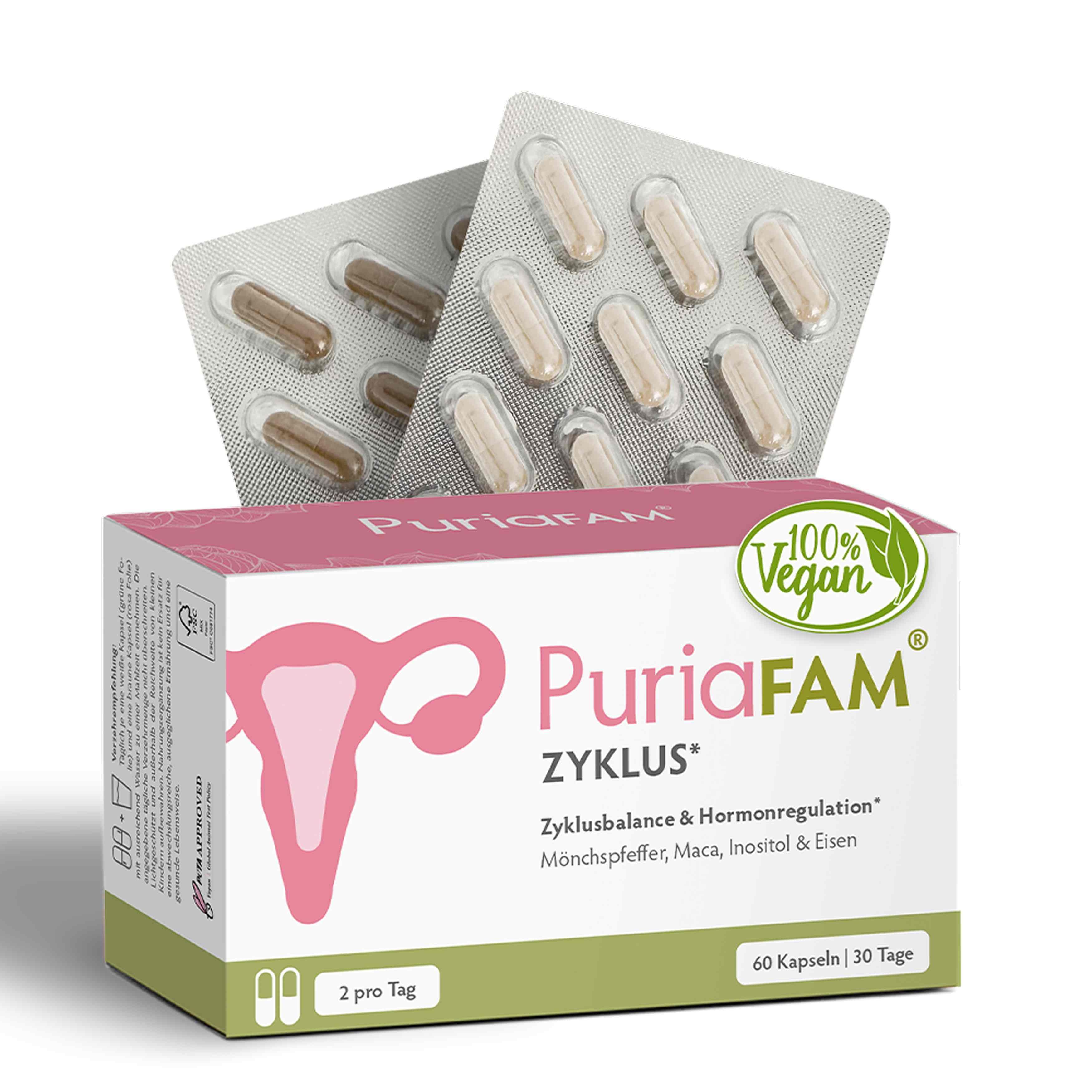 Produktverpackung von PuriaFAM Zyklus. 60 Kapseln. 100% vegan. Text: Zyklusbalance & Hormonregulation. 2 Kapseln pro Tag.