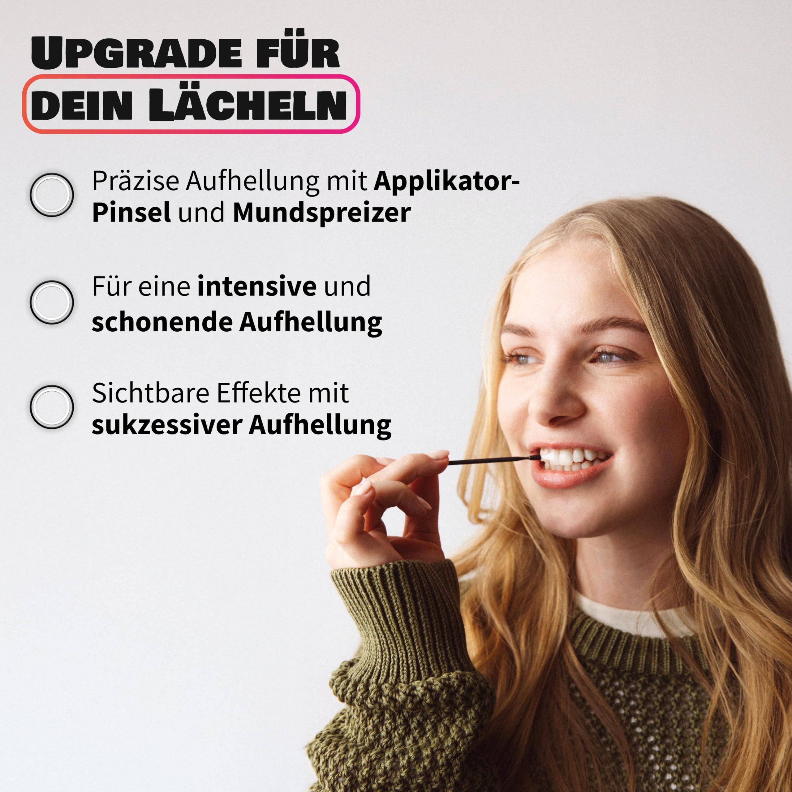 Frau wendet Zahnheld Natural White Serum mit Applikator an.