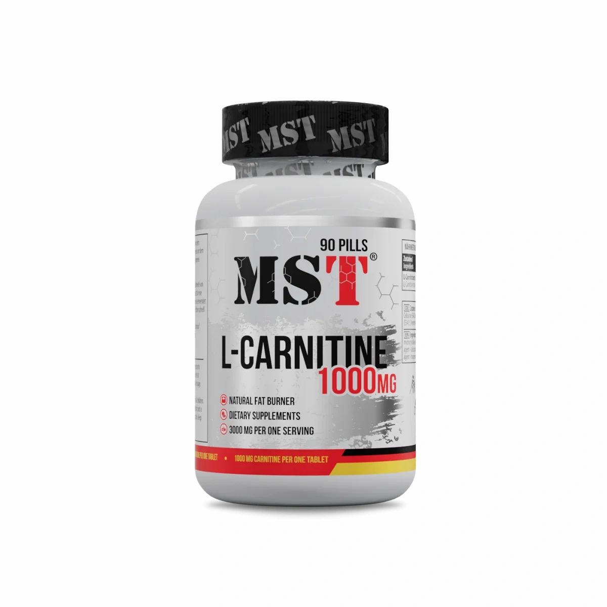 Weiße Flasche mit schwarzem Deckel. Aufschrift "MST L-Carnitine 1000mg". Enthält 90 Pillen. Rote und schwarze Schrift.
