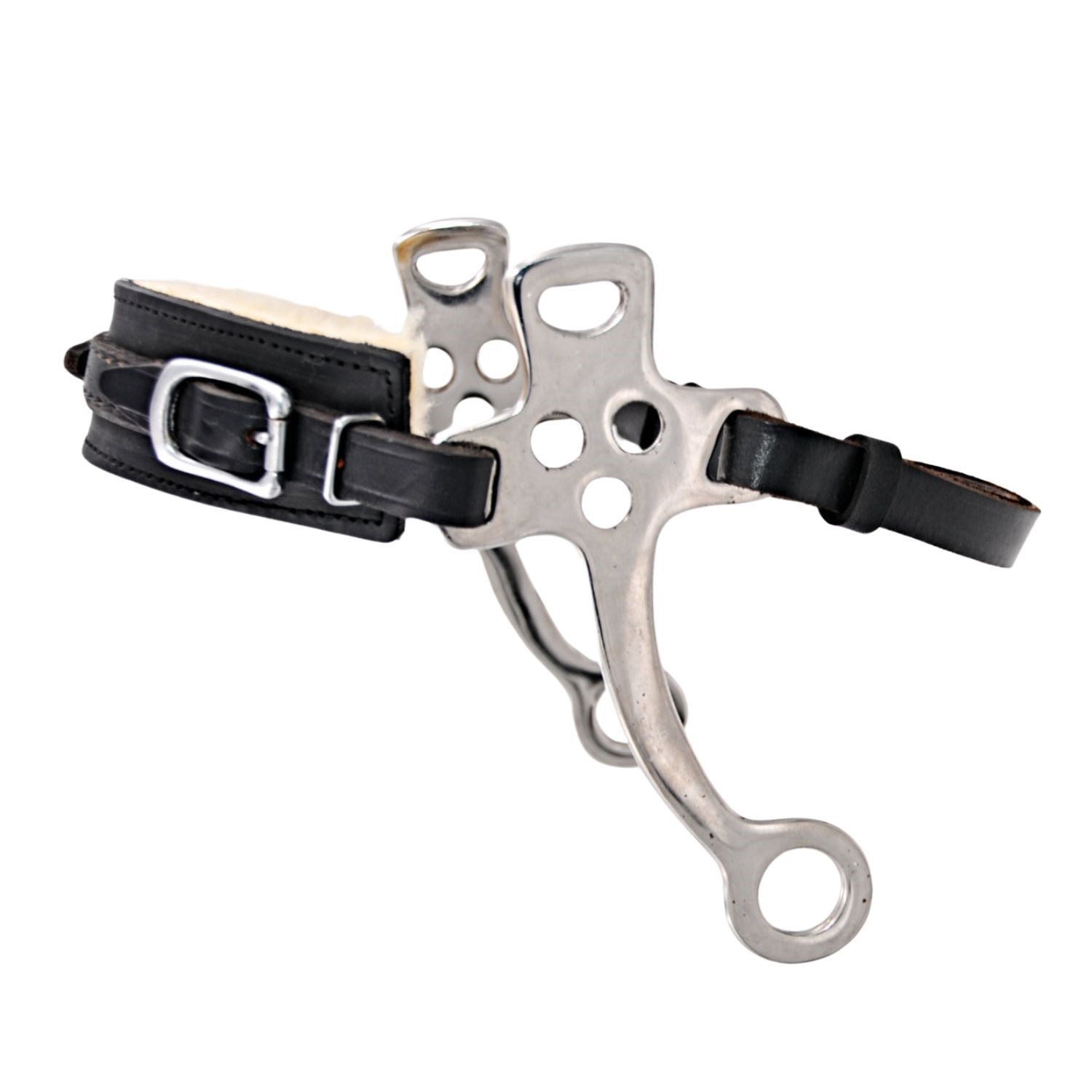 Hackamore mit schwarzem Leder, Metallteil und weichem Fell. Schnalle.