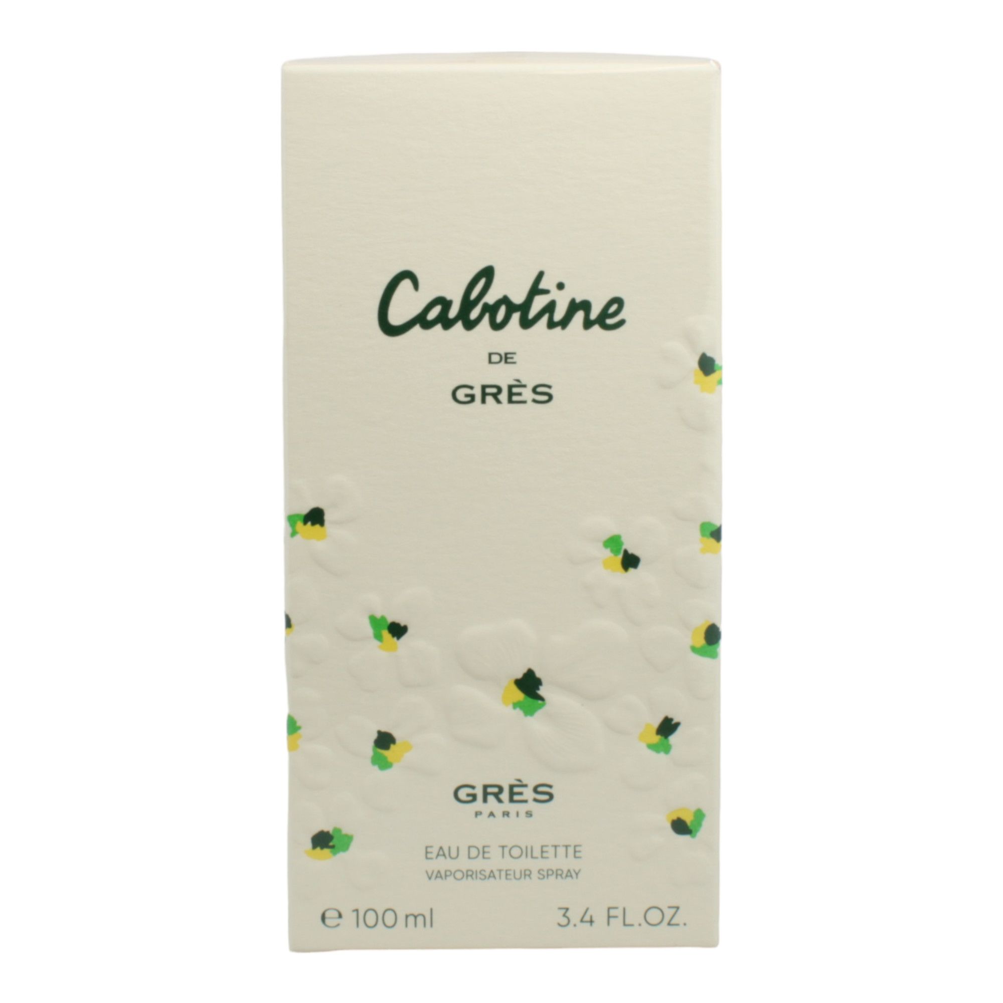 Verpackung. Weiß mit floralem Muster. Aufschrift Cabotine de Grès, Eau de Toilette Spray.