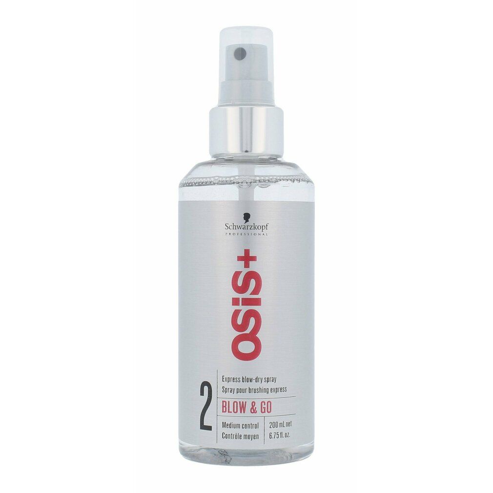 Haarspray-Flasche mit Sprühkopf. Silberne Kappe, transparente Flüssigkeit. Aufschrift: Schwarzkopf +osis, Blow & Go, 2.