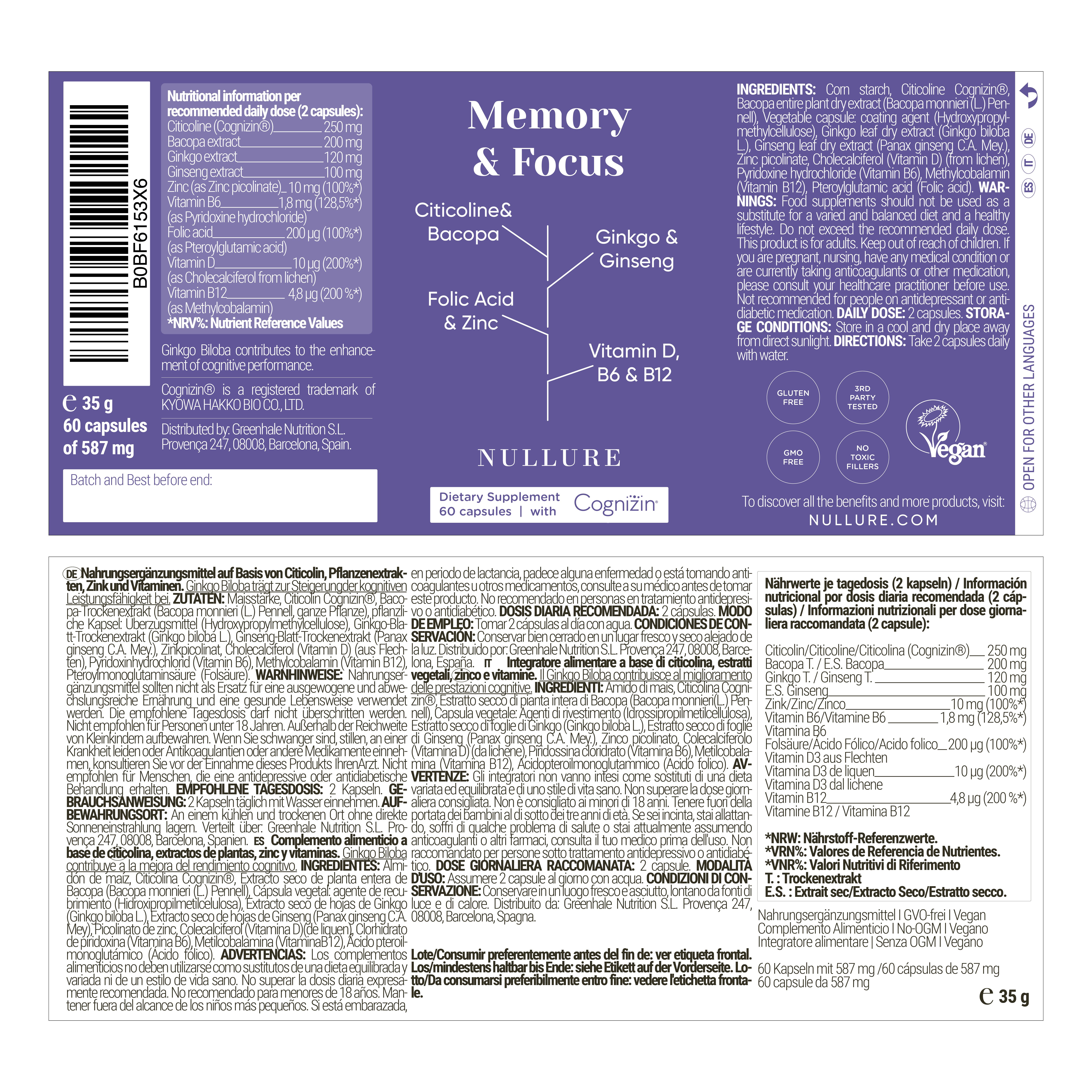 Etikett mit Informationen zu Memory & Focus. Inhaltsstoffe, Nährwertangaben, Dosierung. Aufkleber mit Informationen.