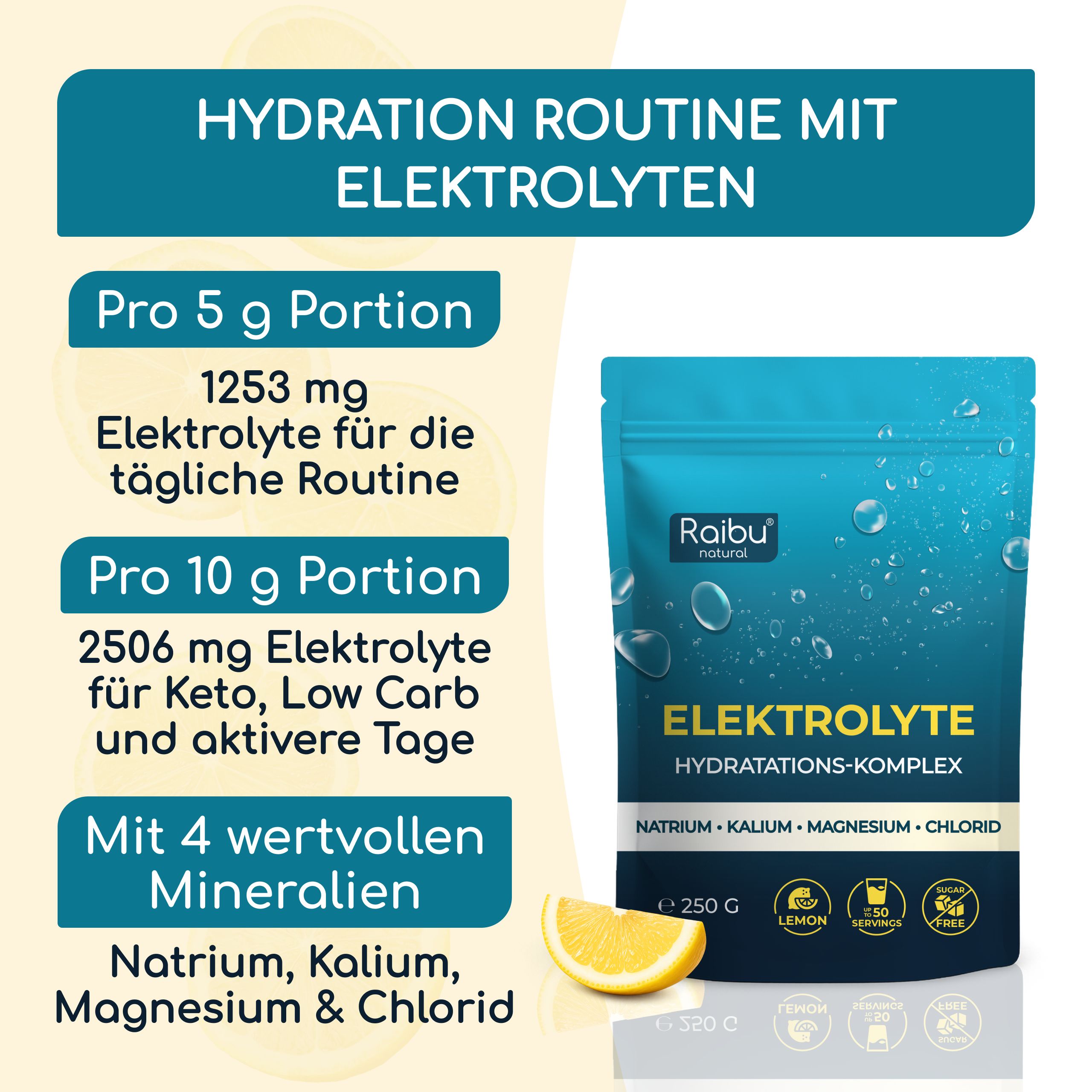 Raibu Elektrolyte Pulver Beutel, 250g, zuckerfrei, mit Magnesium, Kalium, Natrium, Chlorid.