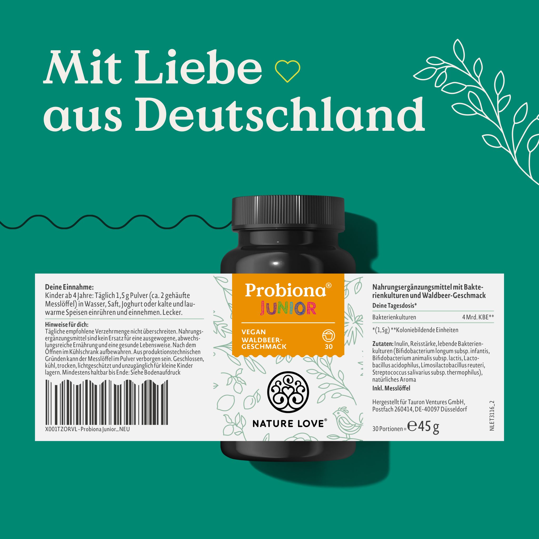 Produktflasche "Probiona Junior" mit Etikett. Text: "Mit Liebe aus Deutschland". Rückseite mit Inhaltsangaben.