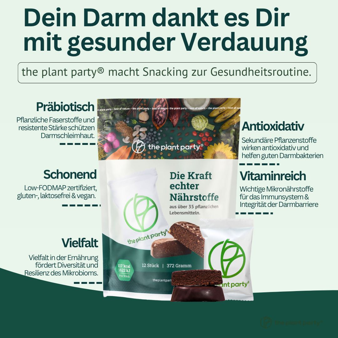 Grafik mit the plant party®-Riegeln und Verpackungen. Text: Dein Darm dankt es Dir mit gesunder Verdauung.