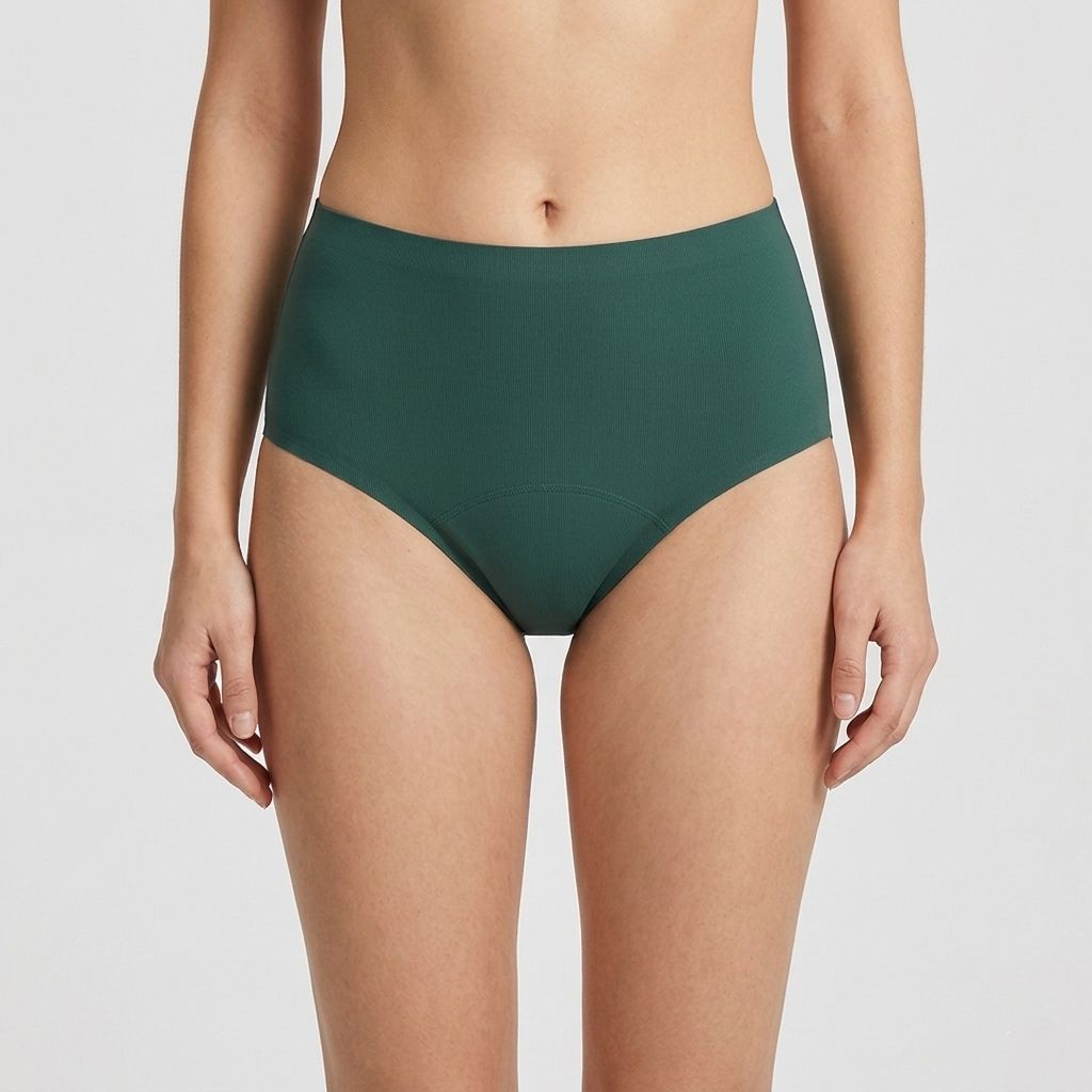 Grüne Periodenunterhose, hohe Taille, Frontansicht. Stoffhose für maximalen Komfort.