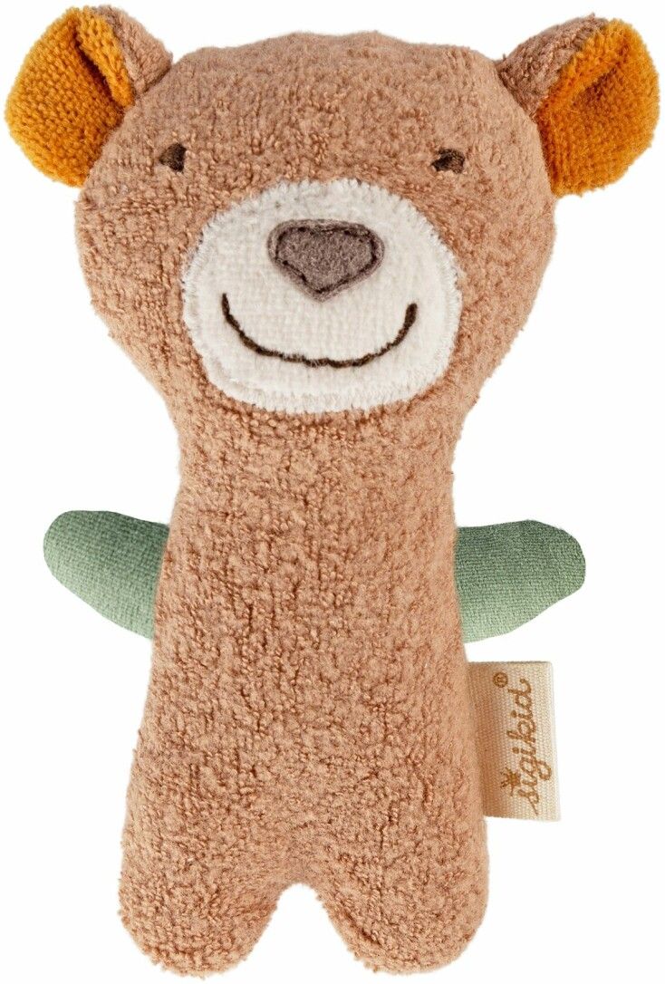 Rassel-Greifling, Stofftier-Bär, beige-braun, grüne Flügel, Label 'sigikid'. Frontansicht, lächelnd.