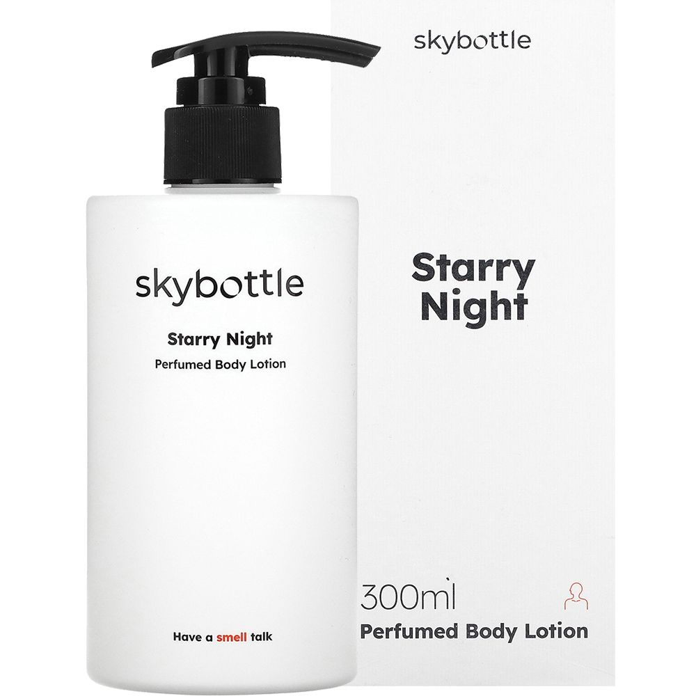 Weiße Flasche mit schwarzem Pumpkopf und Verpackung. Aufschrift: skybottle, Starry Night, Perfumed Body Lotion, 300ml.