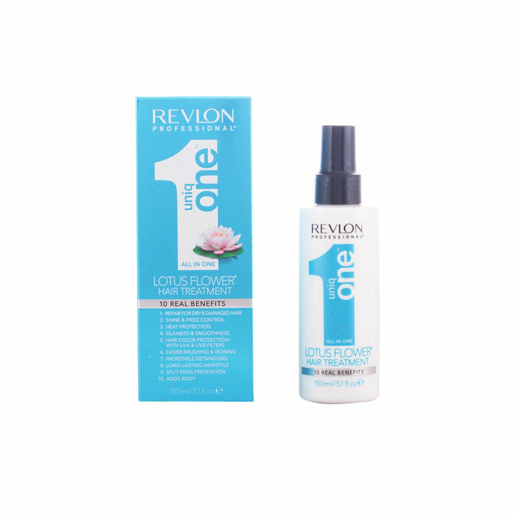 Revlon Uniq One Lotus Flower Hair Treatment. Flasche und Verpackung. Blaue Verpackung mit Produktinformationen. Weiße Flasche mit Sprühkopf.