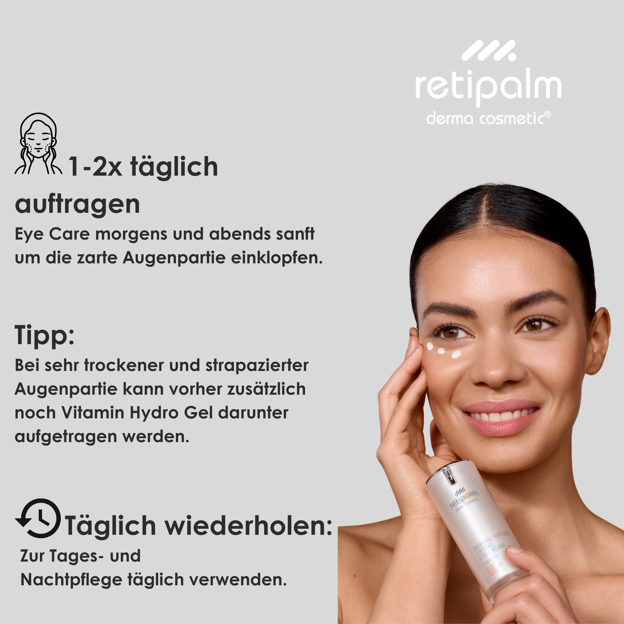 Retipalm Eye Care Spender mit Liste der Inhaltsstoffe.