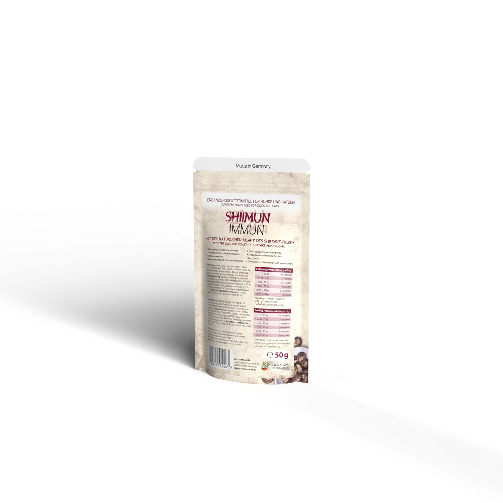 Rückseite des Shiimun Immun Pulver Beutels. Text: Inhaltsstoffe, Nährwertangaben, Siegel. Hergestellt in Deutschland. 50g.