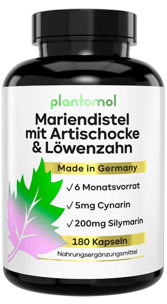 Braune Kapsel-Dose mit Etikett: Mariendistel, Artischocke, Löwenzahn. Text: Made in Germany, 6-Monatsvorrat, 180 Kapseln. Nahrungsergänzungsmittel.