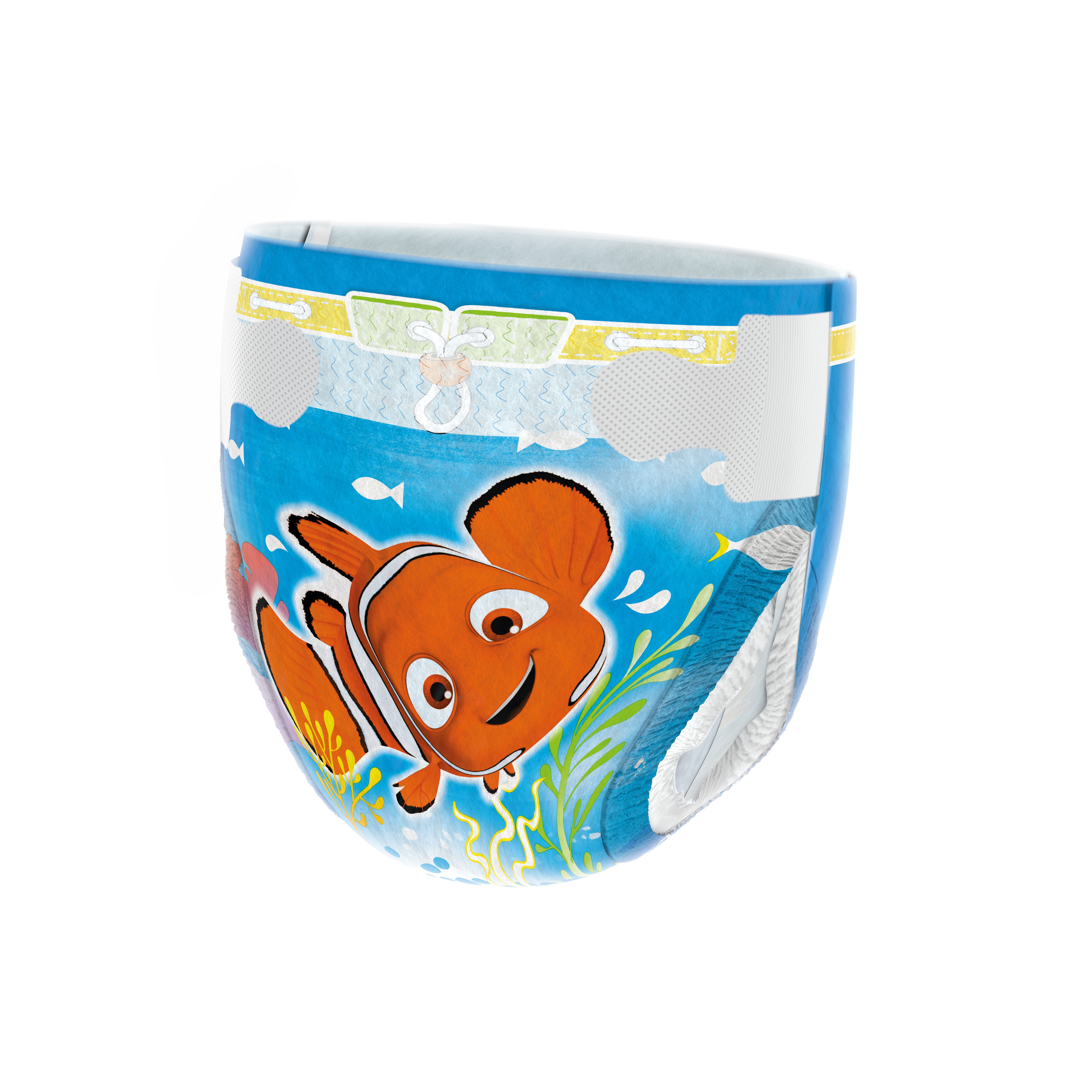 Huggies Little Swimmers Schwimmwindel mit Nemo-Motiv. Blau-weiß. Offen dargestellt.