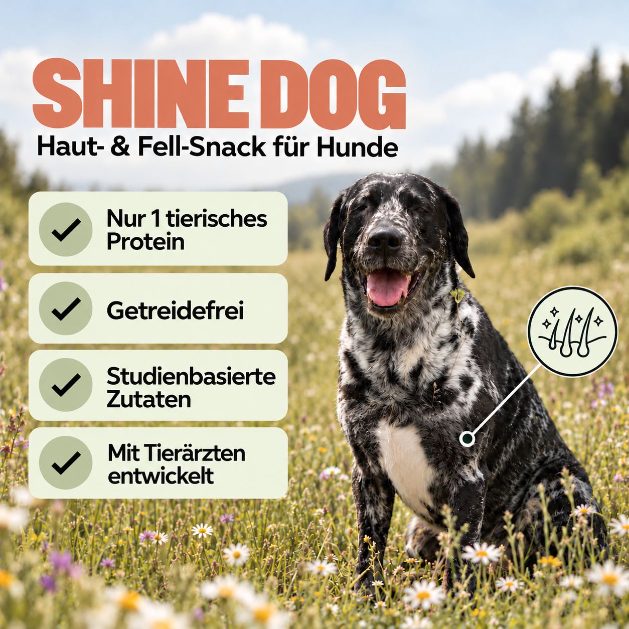 Wolfsbacher Natur Shine Dog: Haut & Fell Snack. Dose mit Hundesnacks, einige Snacks liegen daneben.