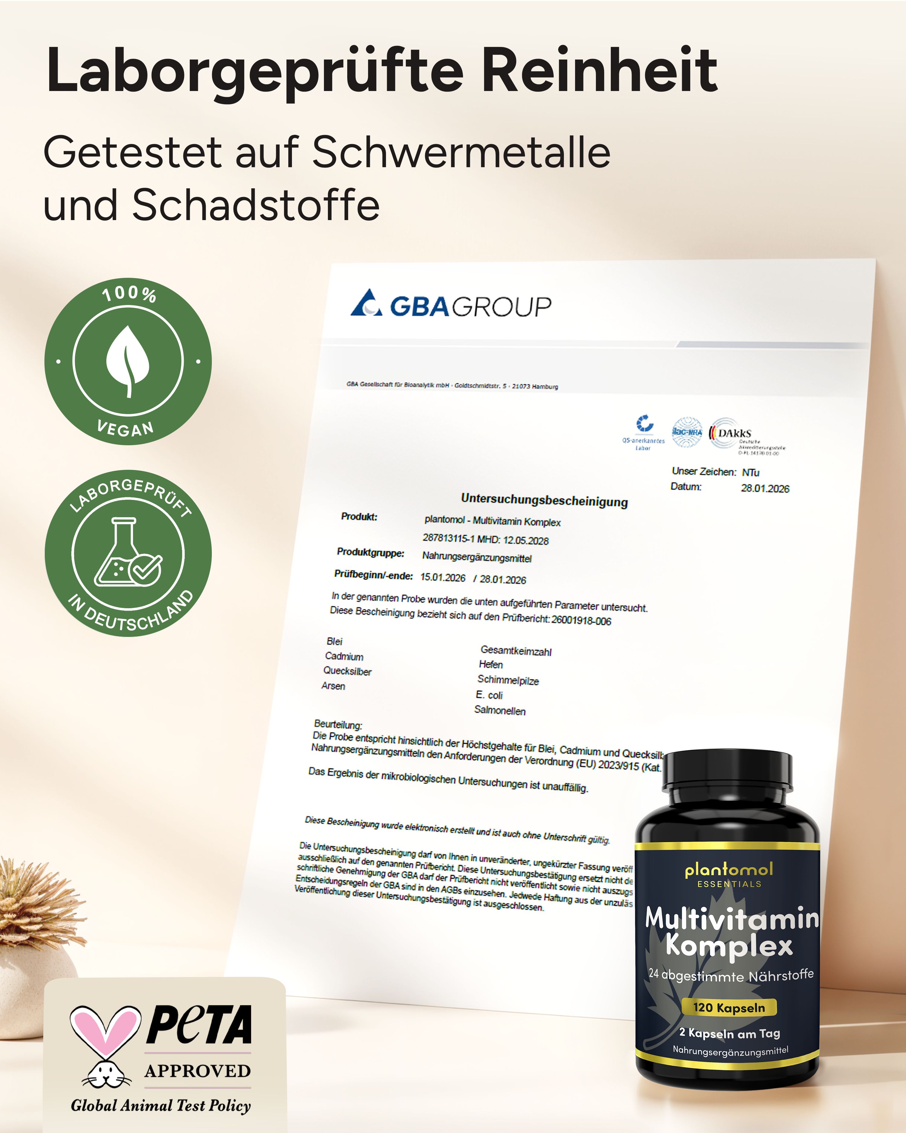 Schwarze Flasche plantomol® Essentials Multivitamin Komplex, 120 Kapseln. Laborgeprüfte Reinheit, vegan, PETA-zertifiziert.