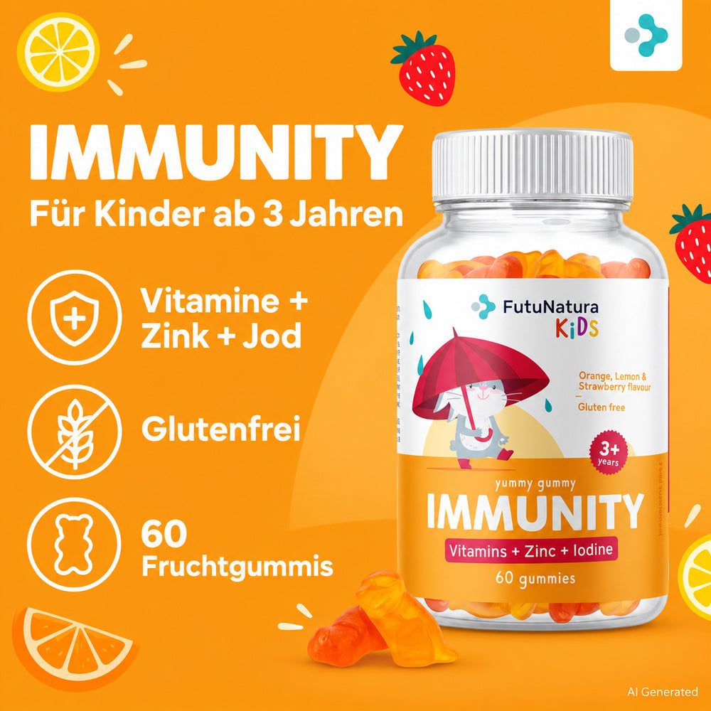 Flasche FutuNatura Immunity Gummis mit Frucht- und Vitamin-Symbolen.