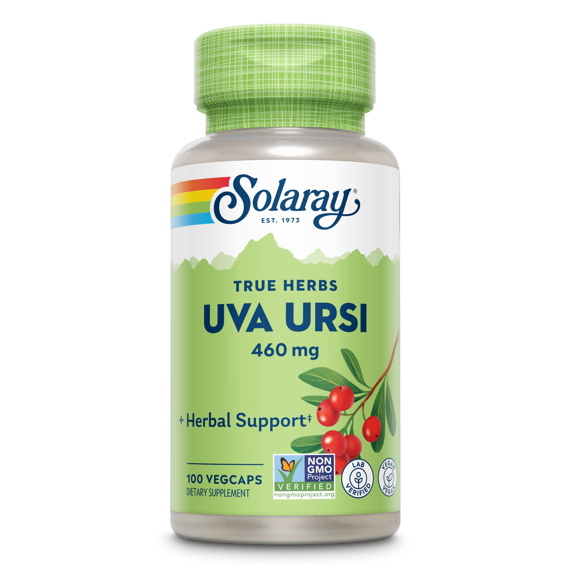 Eine Flasche mit Solaray Uva-Ursi-Kapseln. Grün-weiße Verpackung mit Produktnamen und Inhaltsangabe. Enthält 100 Vegcaps.