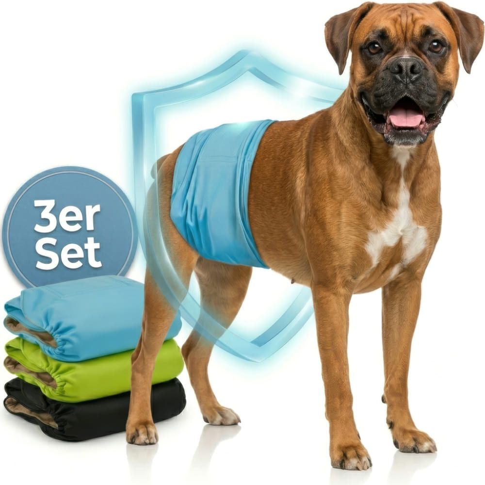 Hund mit blauer Windel. 3er Set Windeln in Blau, Grün und Schwarz. Schild-Symbol.