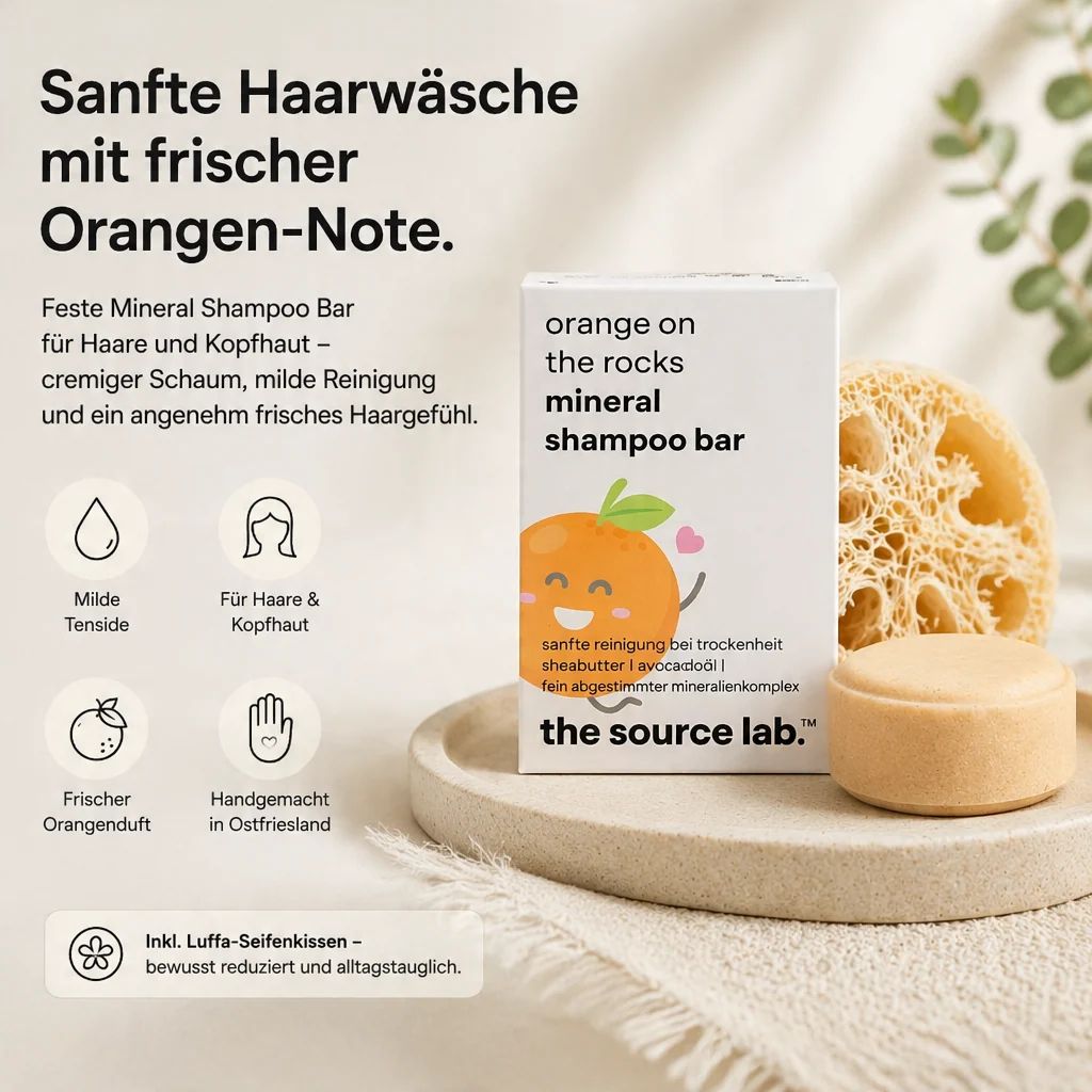 Feste Mineral Shampoo Bar mit Orangen-Note, inklusive Seifenkissen.