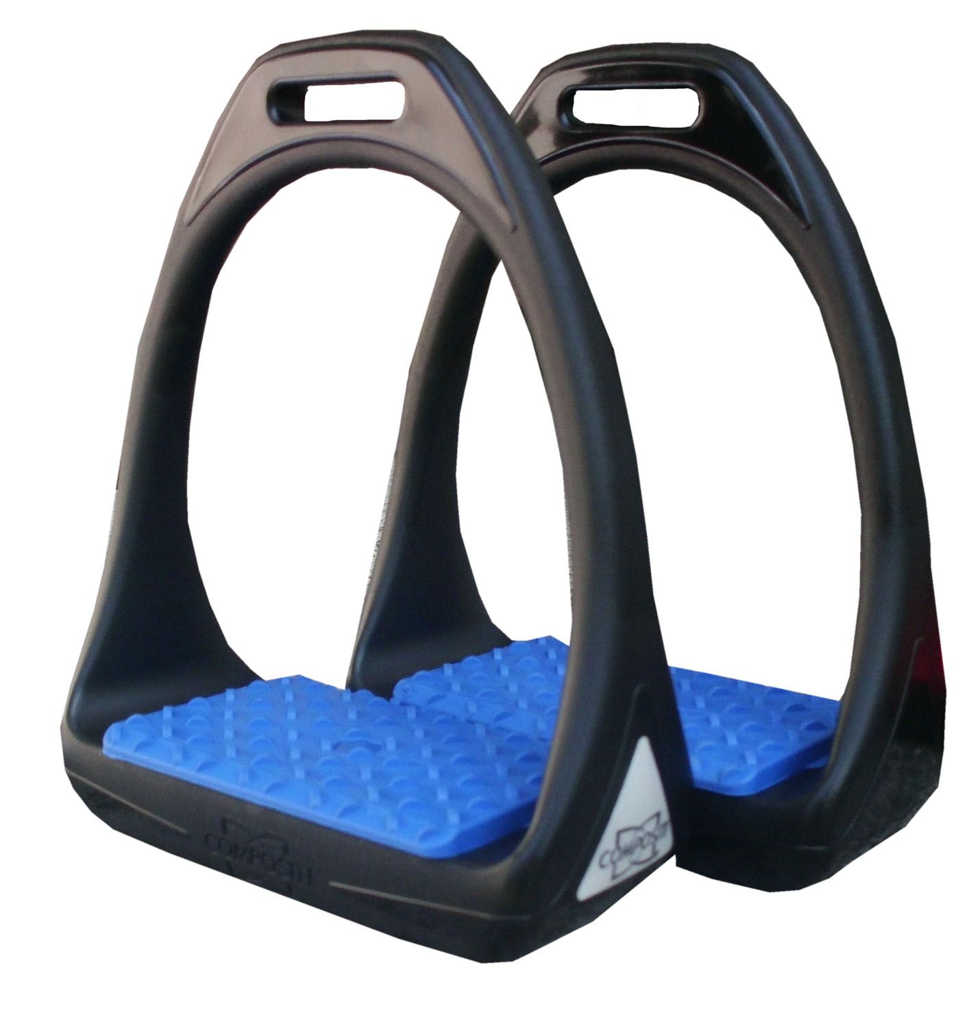 Zwei schwarze Steigbügel mit blauem Fußbett. Das Logo 'Compositi' ist auf den Seiten sichtbar.