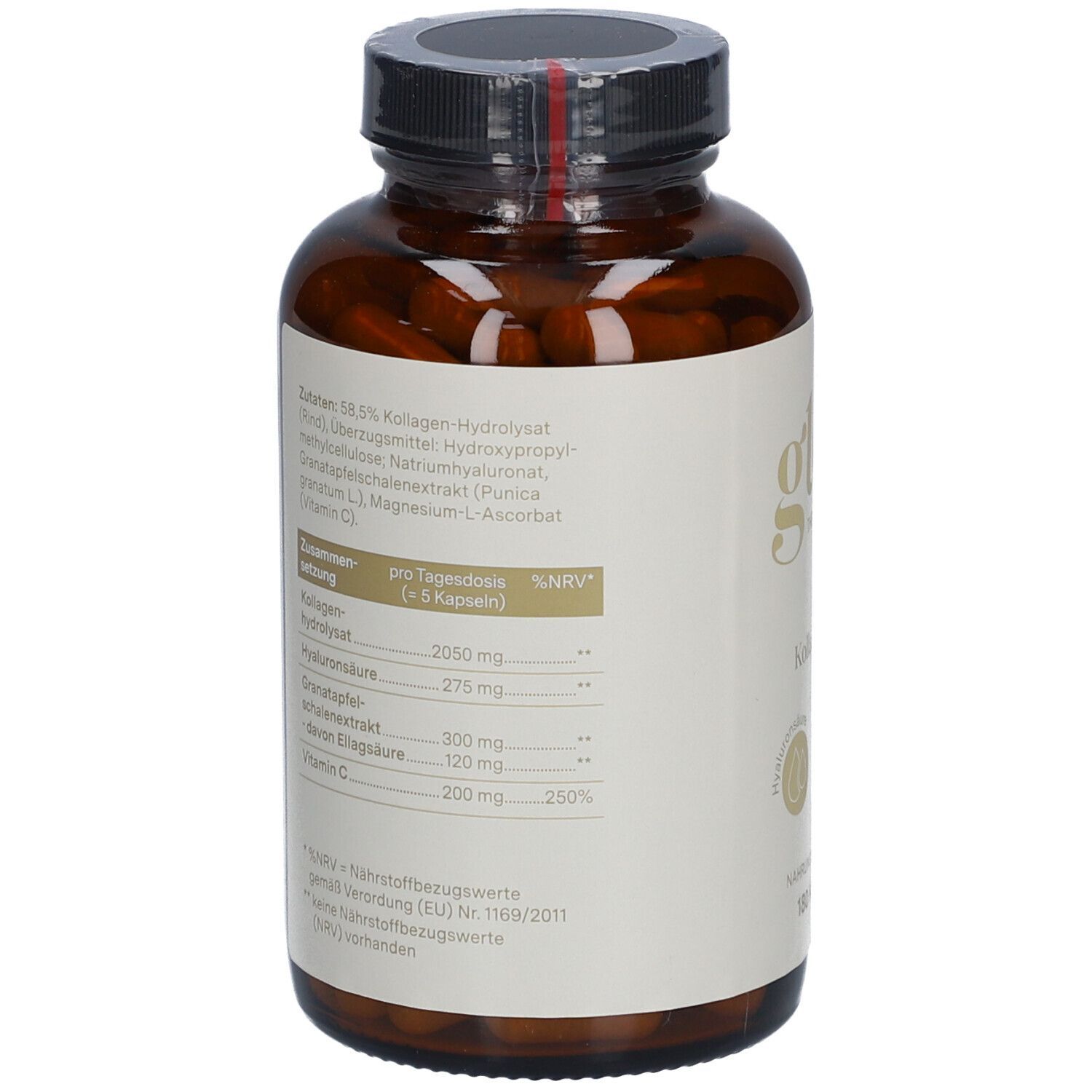 Rückseite einer braunen Glasflasche mit Etikett. Enthält Inhaltsstoffe und Nährwertangaben. Marke: Glow25.