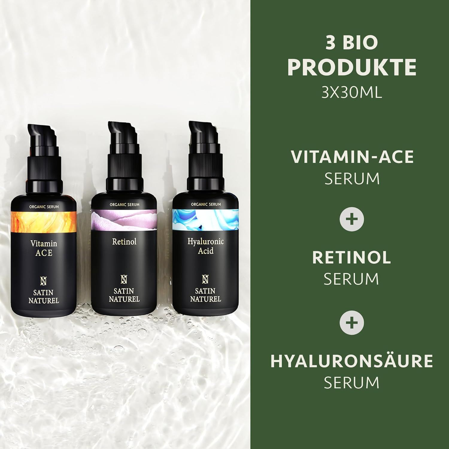 Drei Serumflaschen mit den Aufschriften Vitamin ACE, Retinol und Hyaluronsäure. Text: 3 Bio Produkte. Hintergrund: Wasser.
